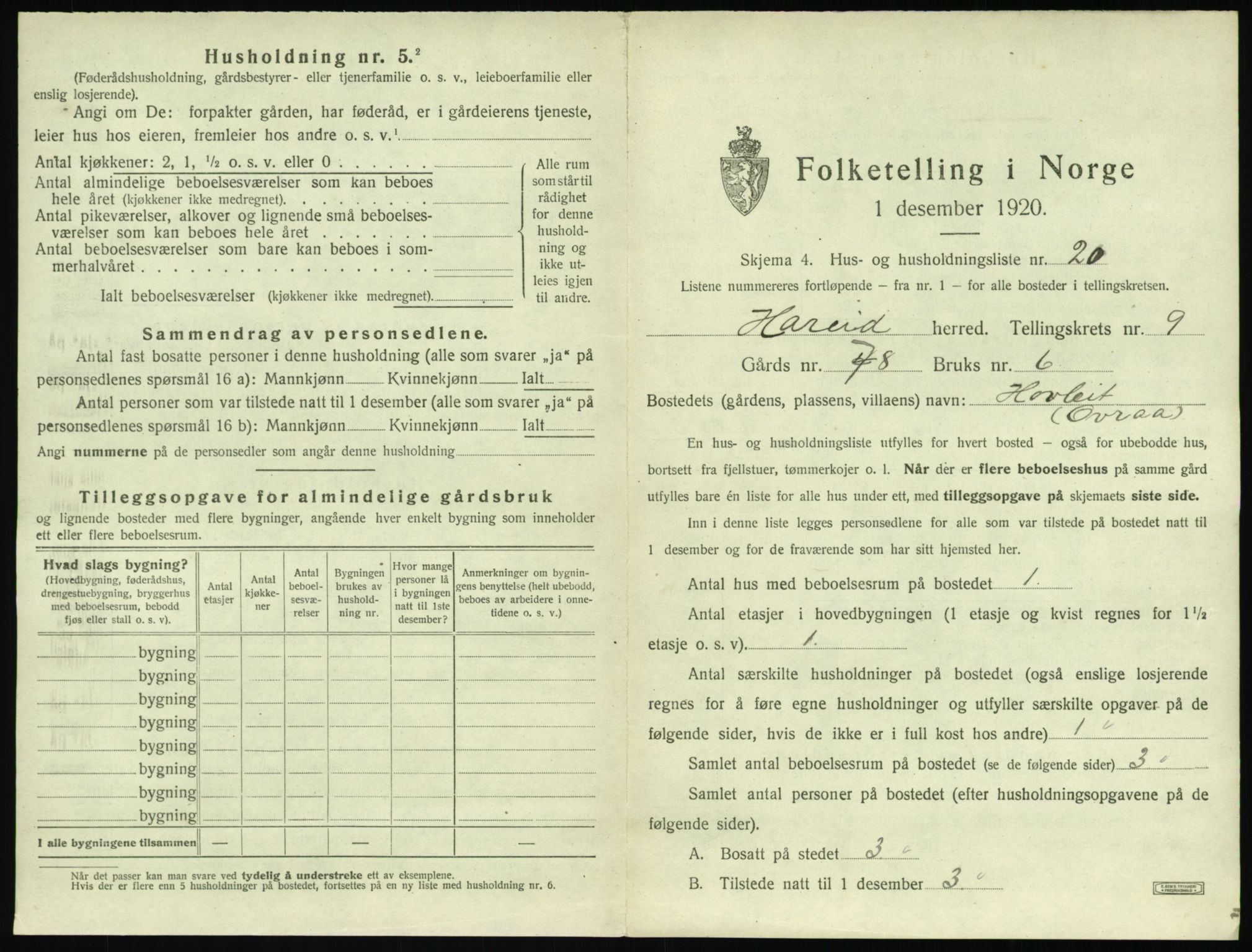 SAT, 1920 census for Hareid, 1920, p. 475