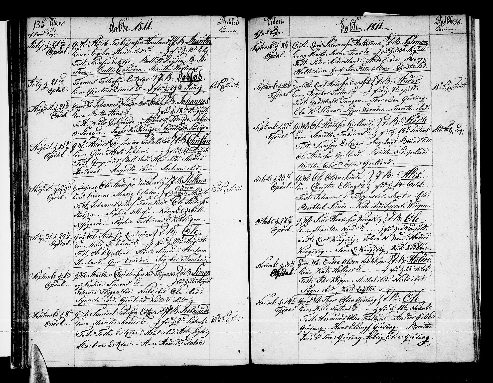 Tysnes sokneprestembete, SAB/A-78601/H/Haa: Parish register (official) no. A 6, 1804-1816, p. 135-136