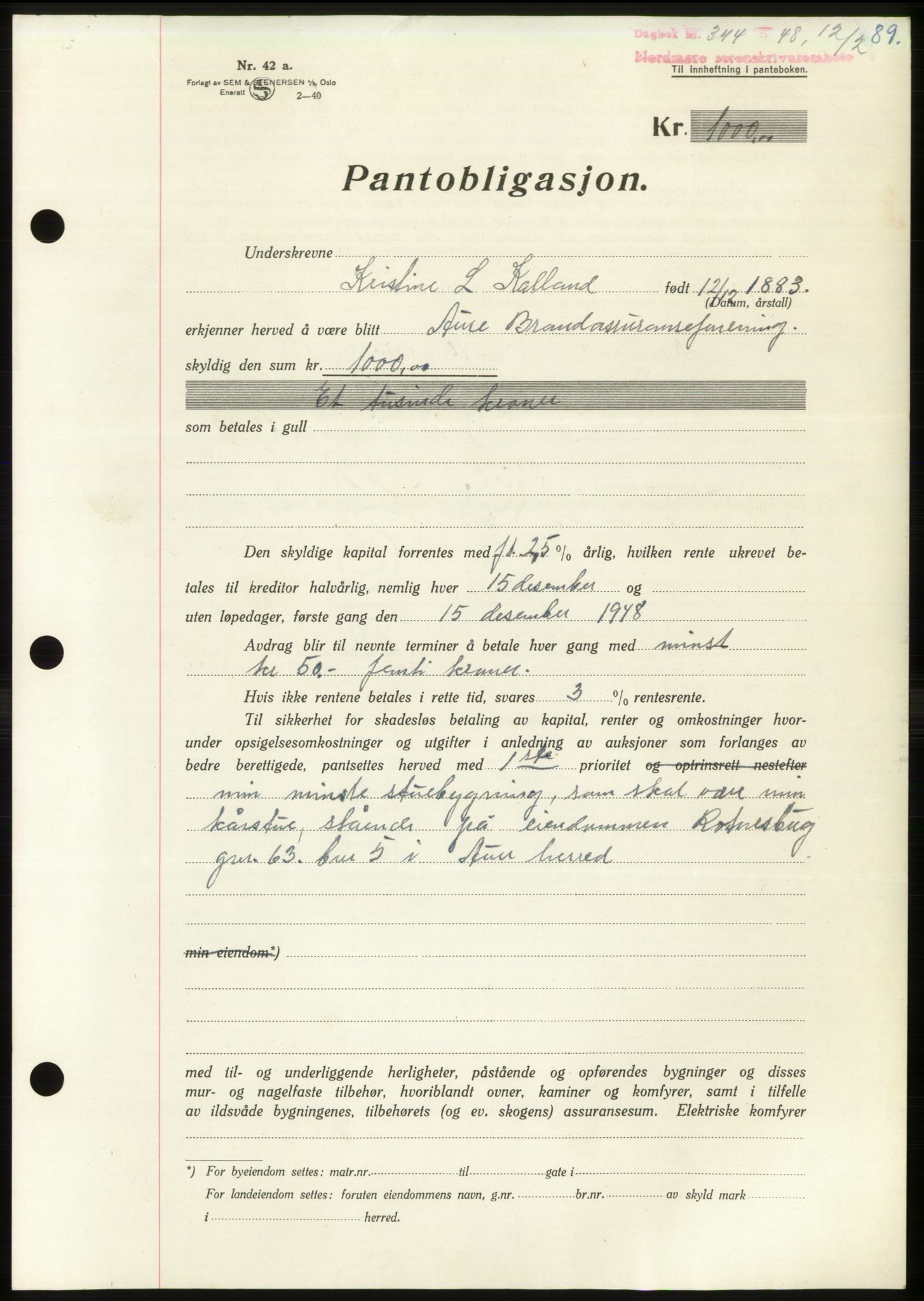 Nordmøre sorenskriveri, AV/SAT-A-4132/1/2/2Ca: Mortgage book no. B98, 1948-1948, Diary no: : 344/1948