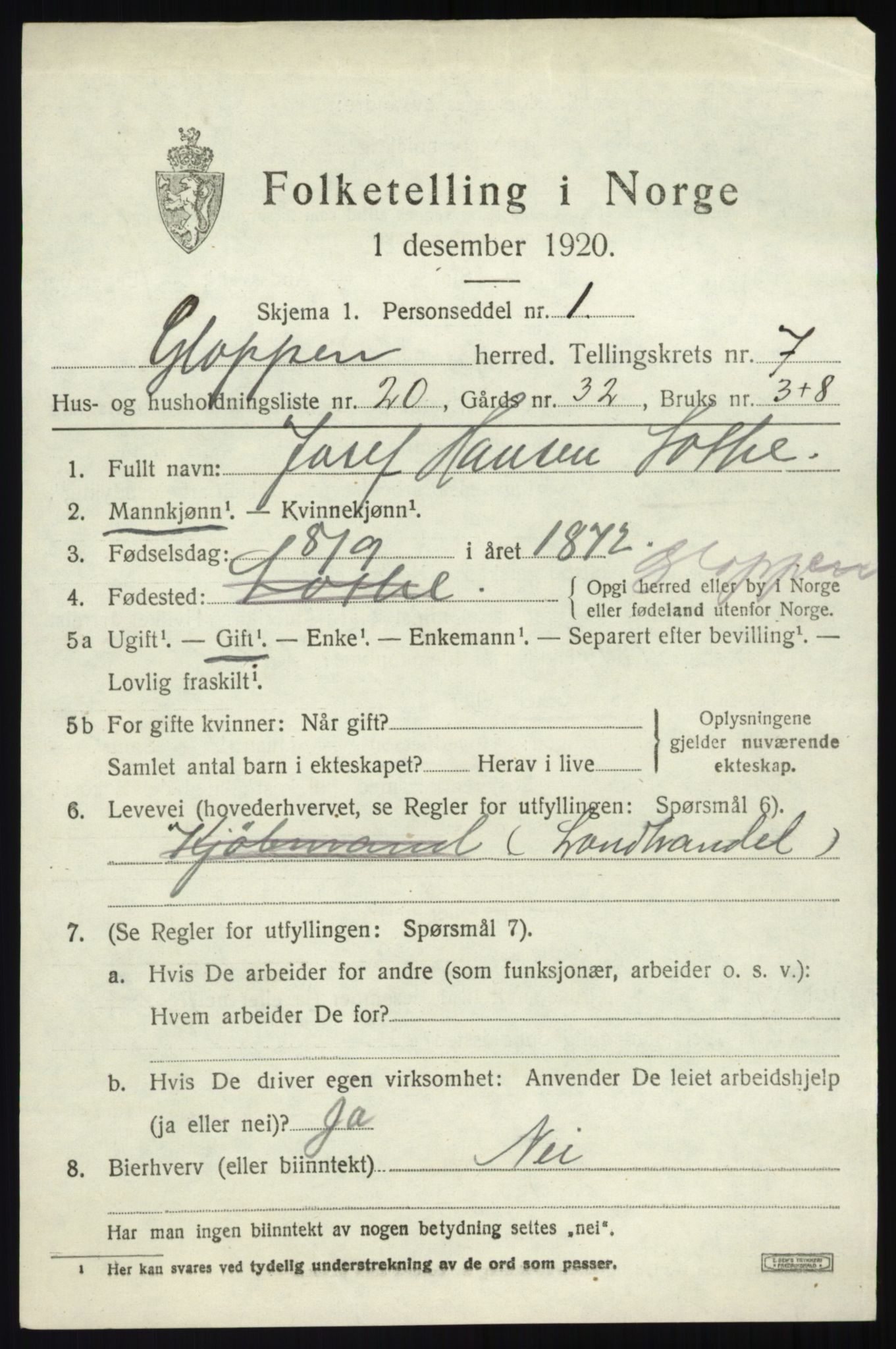 SAB, 1920 census for Gloppen, 1920, p. 4314