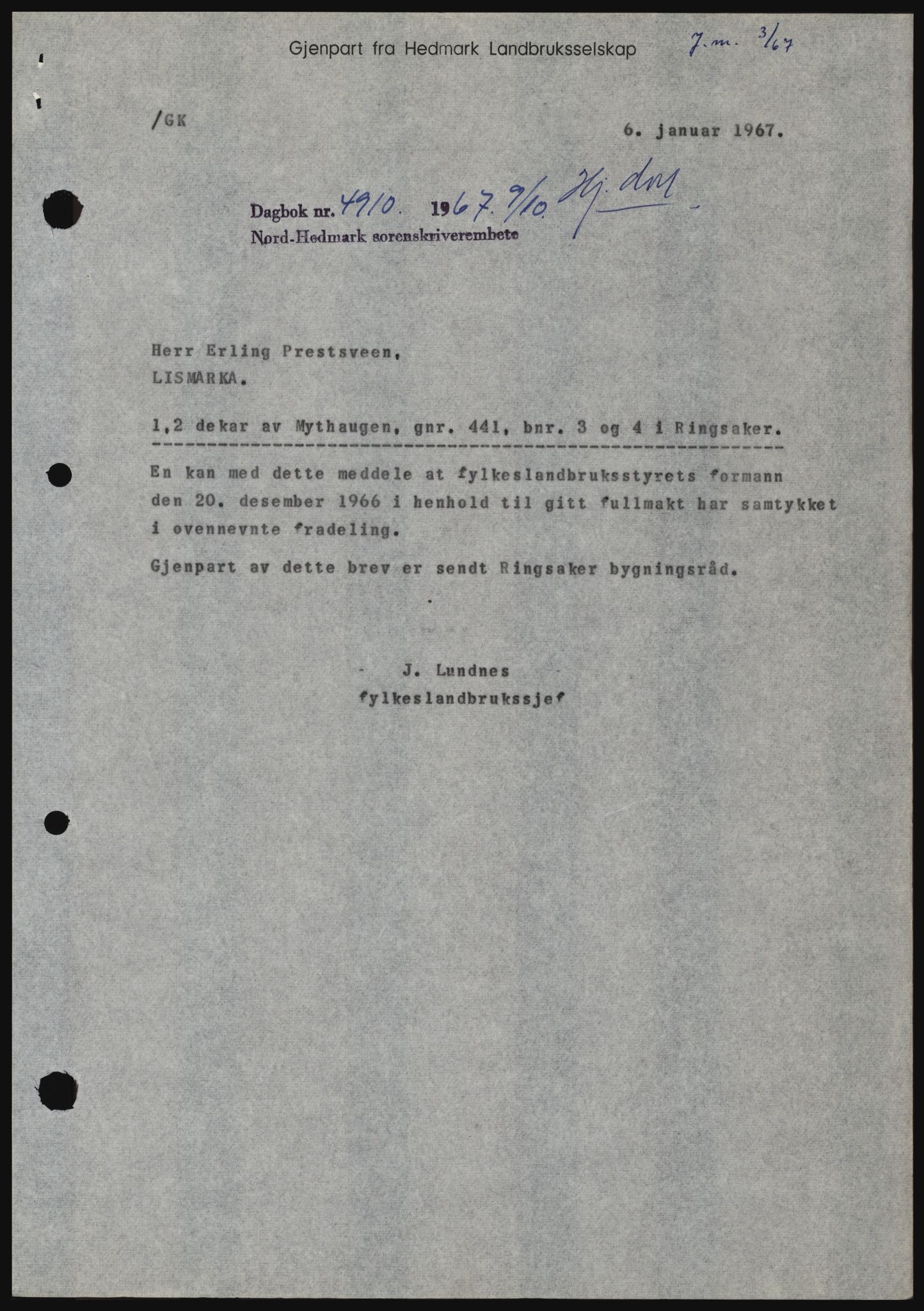 Nord-Hedmark sorenskriveri, SAH/TING-012/H/Hc/L0026: Mortgage book no. 26, 1967-1967, Diary no: : 4910/1967