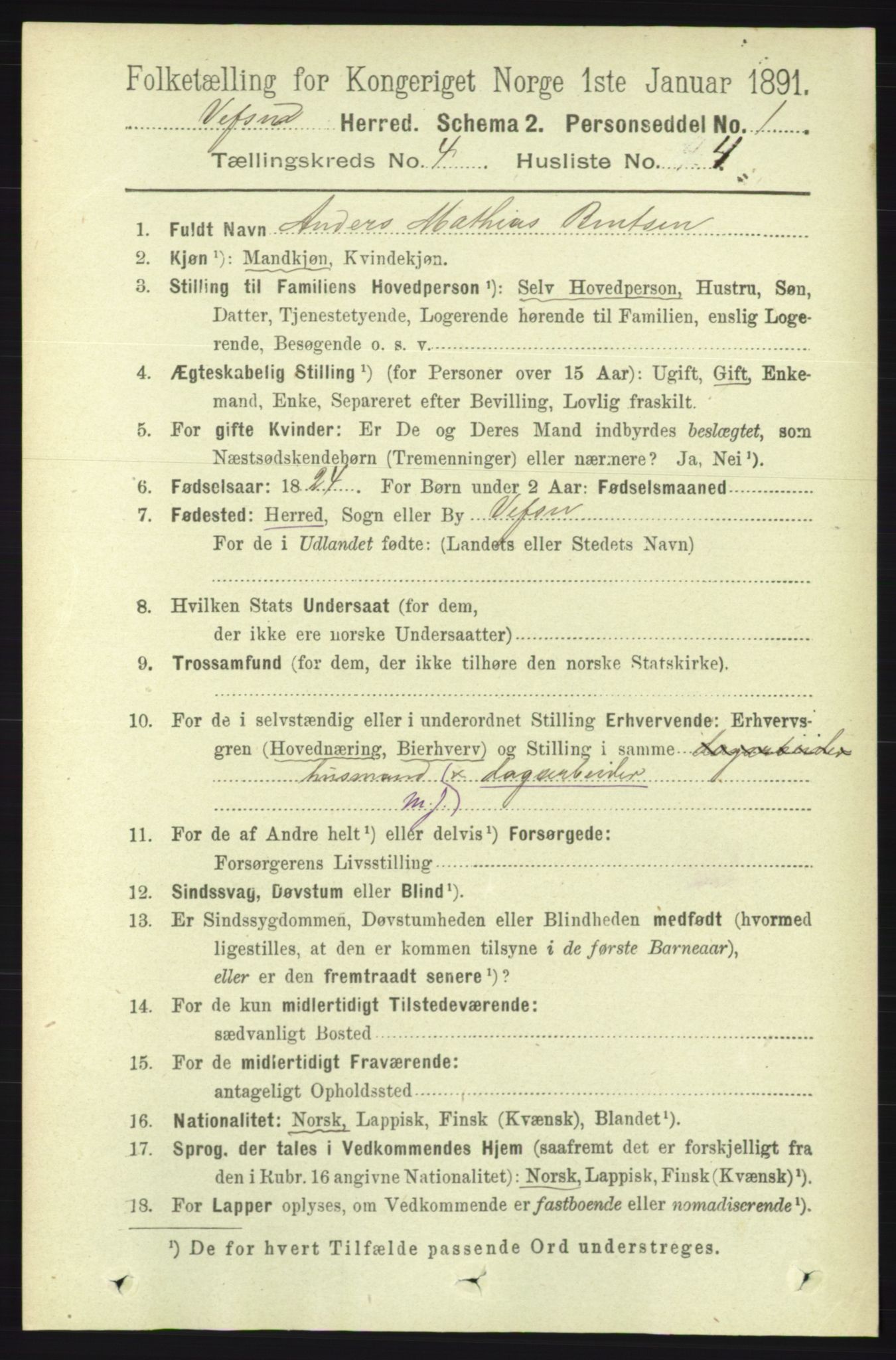 RA, 1891 census for 1824 Vefsn, 1891, p. 1643
