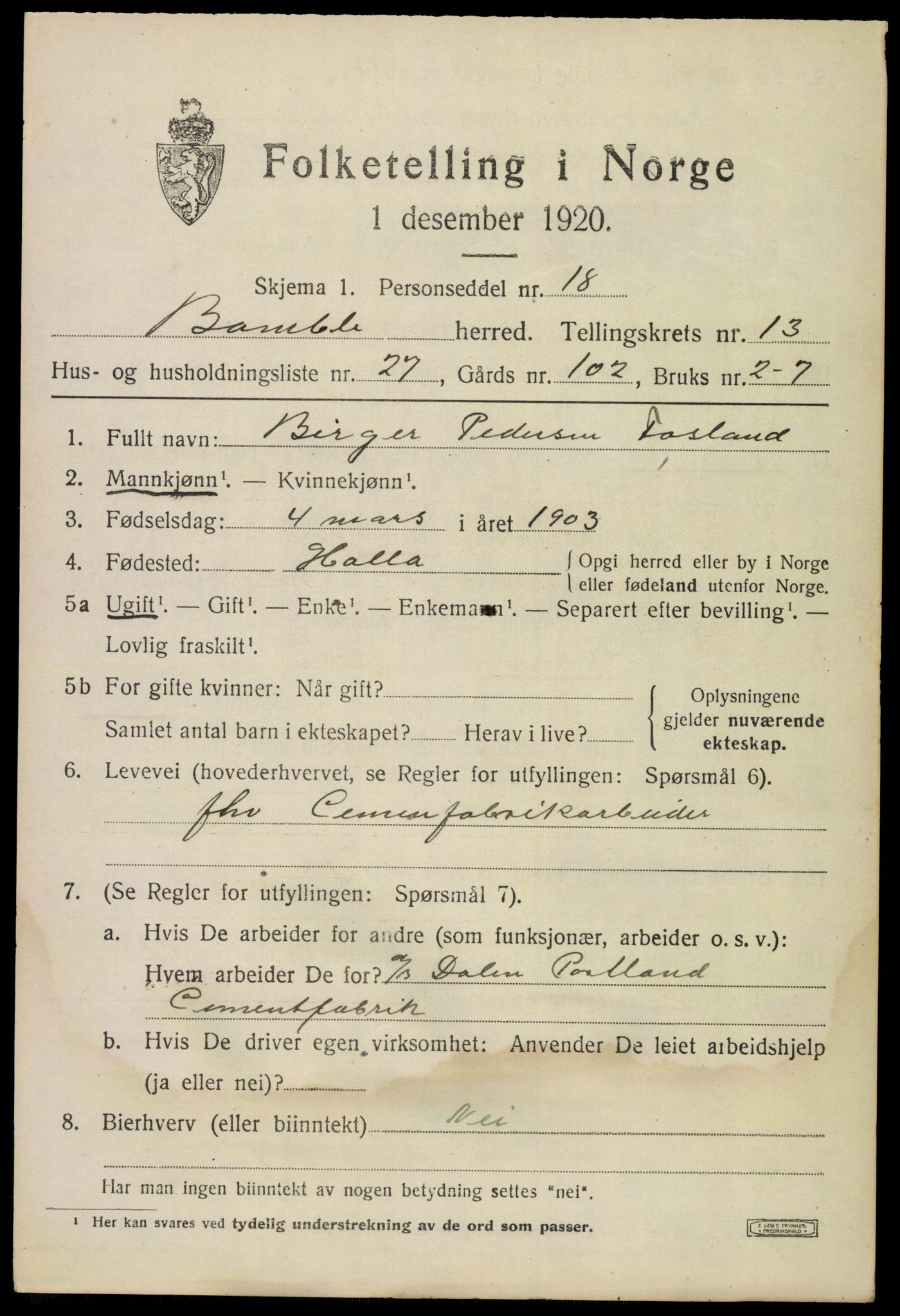 SAKO, 1920 census for Bamble, 1920, p. 9855