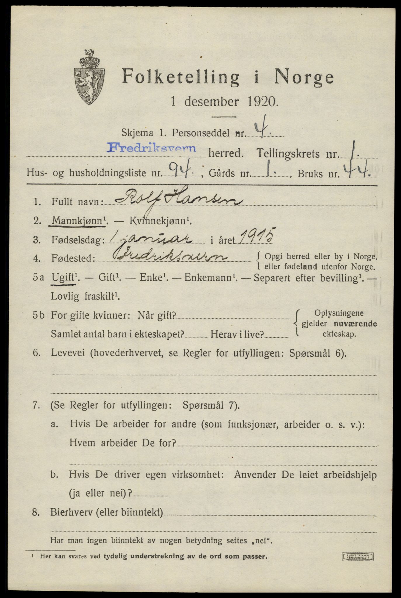 SAKO, 1920 census for Fredriksvern, 1920, p. 983
