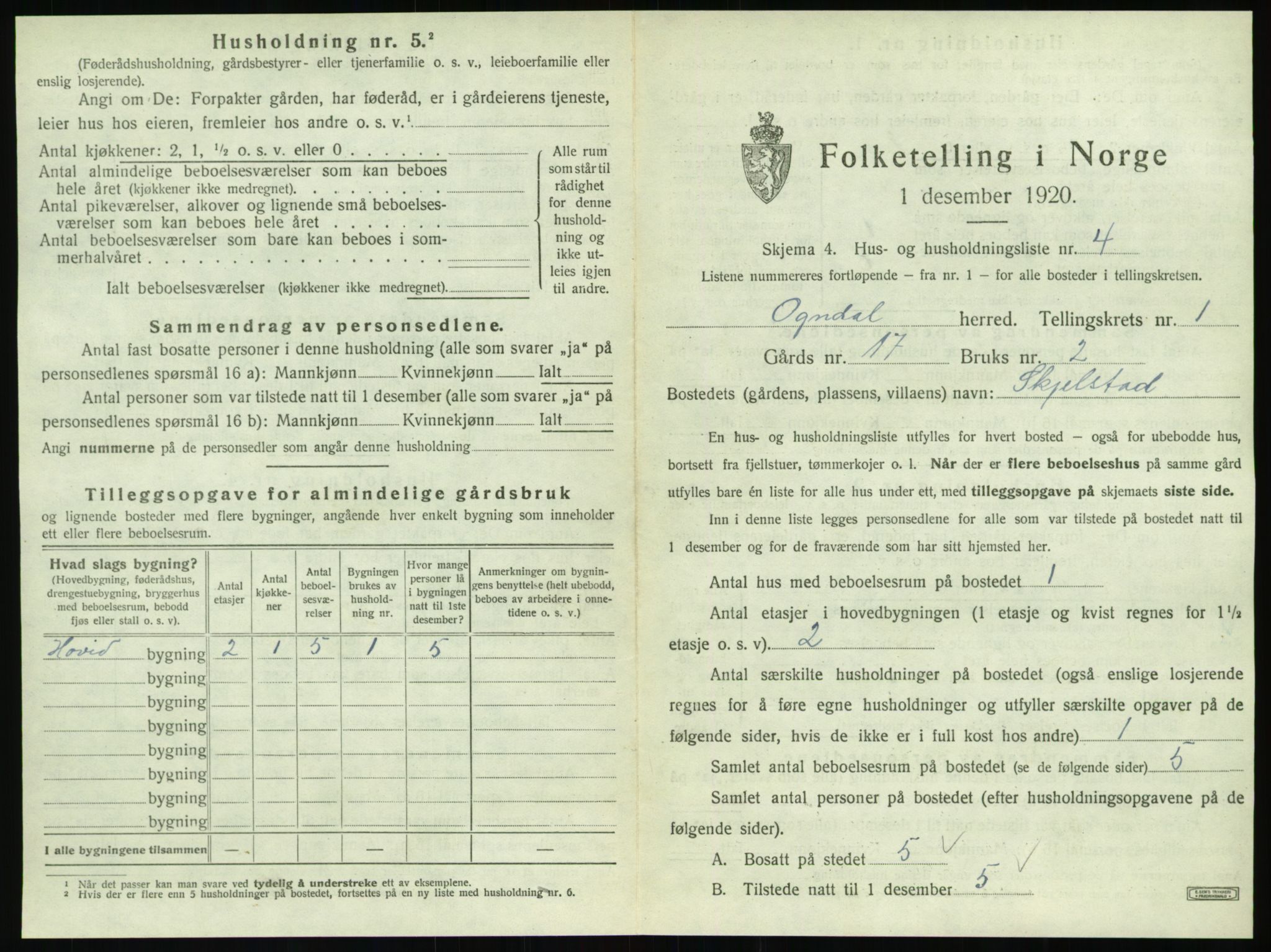 SAT, 1920 census for Ogndal, 1920, p. 39