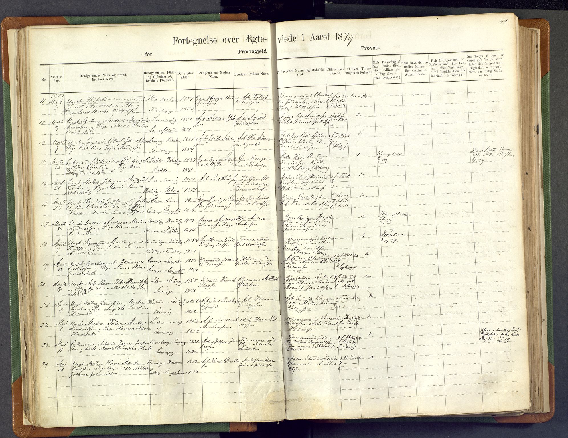 Larvik kirkebøker, AV/SAKO-A-352/F/Fa/L0007: Parish register (official) no. I 7, 1871-1883, p. 43
