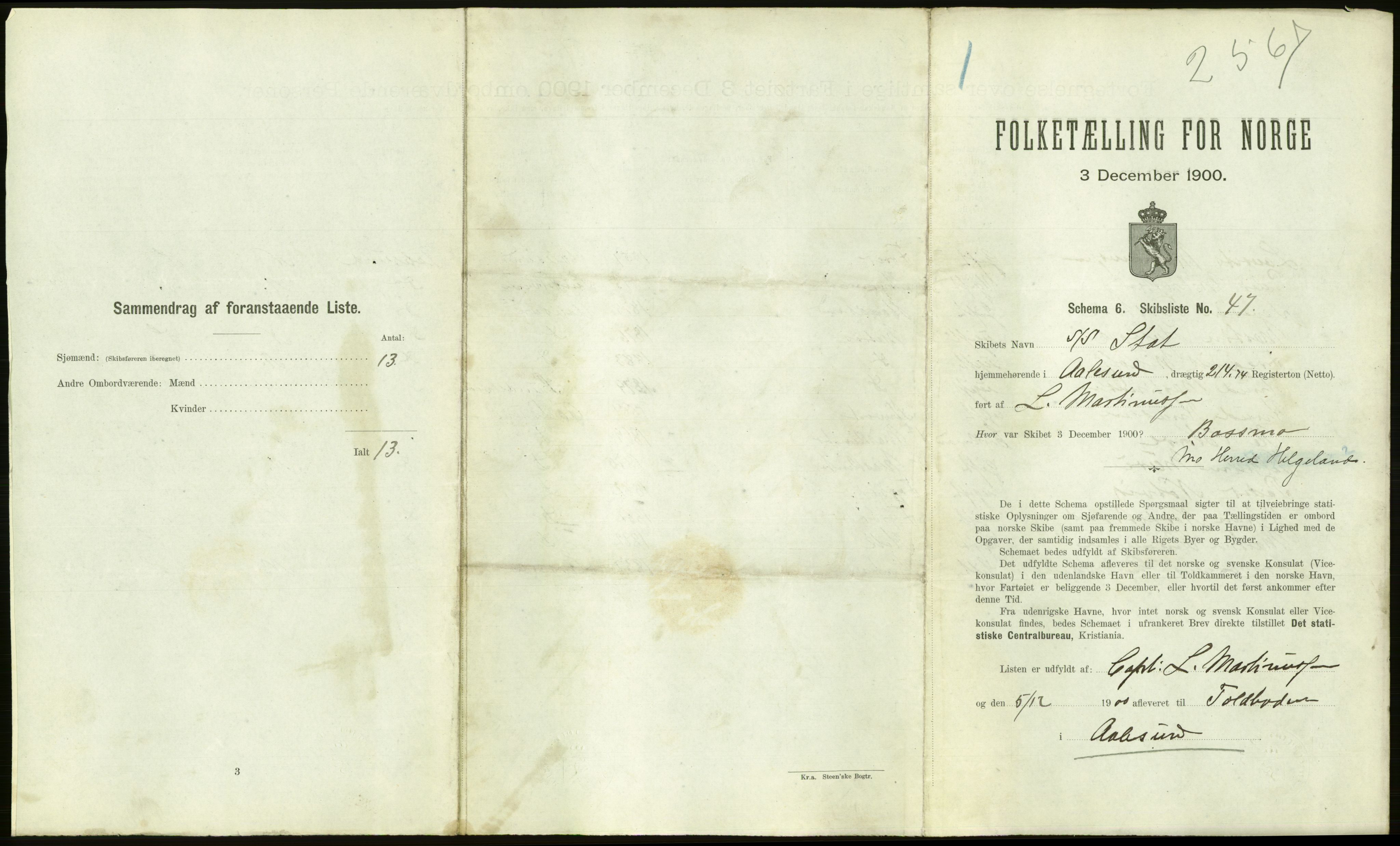 RA, 1900 Census - ship lists from ships in Norwegian harbours, harbours abroad and at sea, 1900, p. 1589