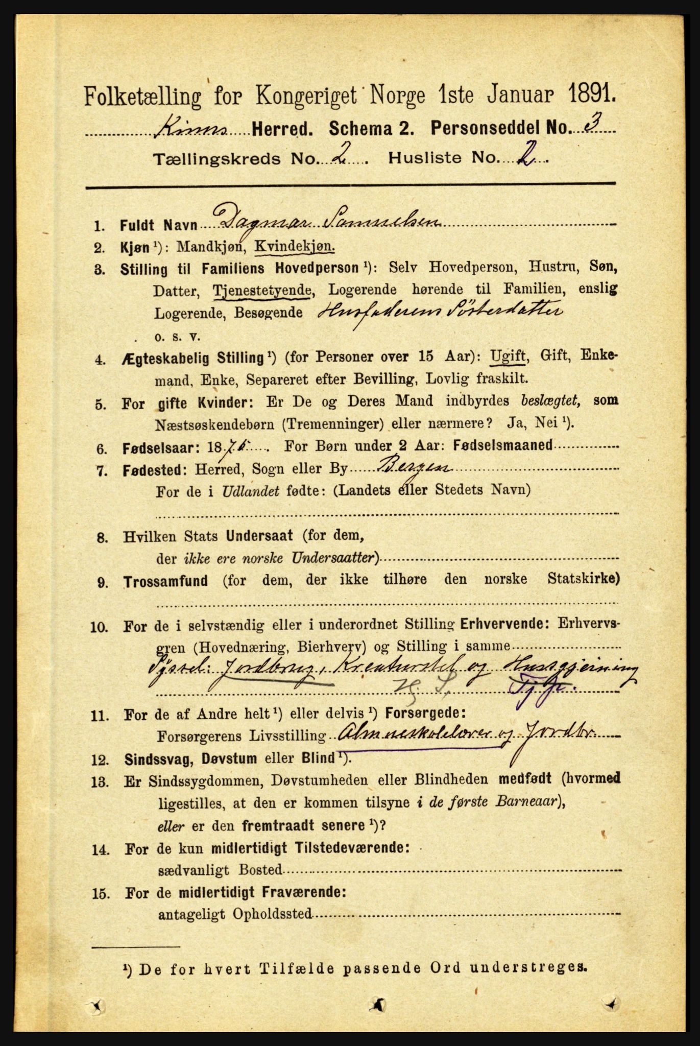 RA, 1891 census for 1437 Kinn, 1891, p. 543