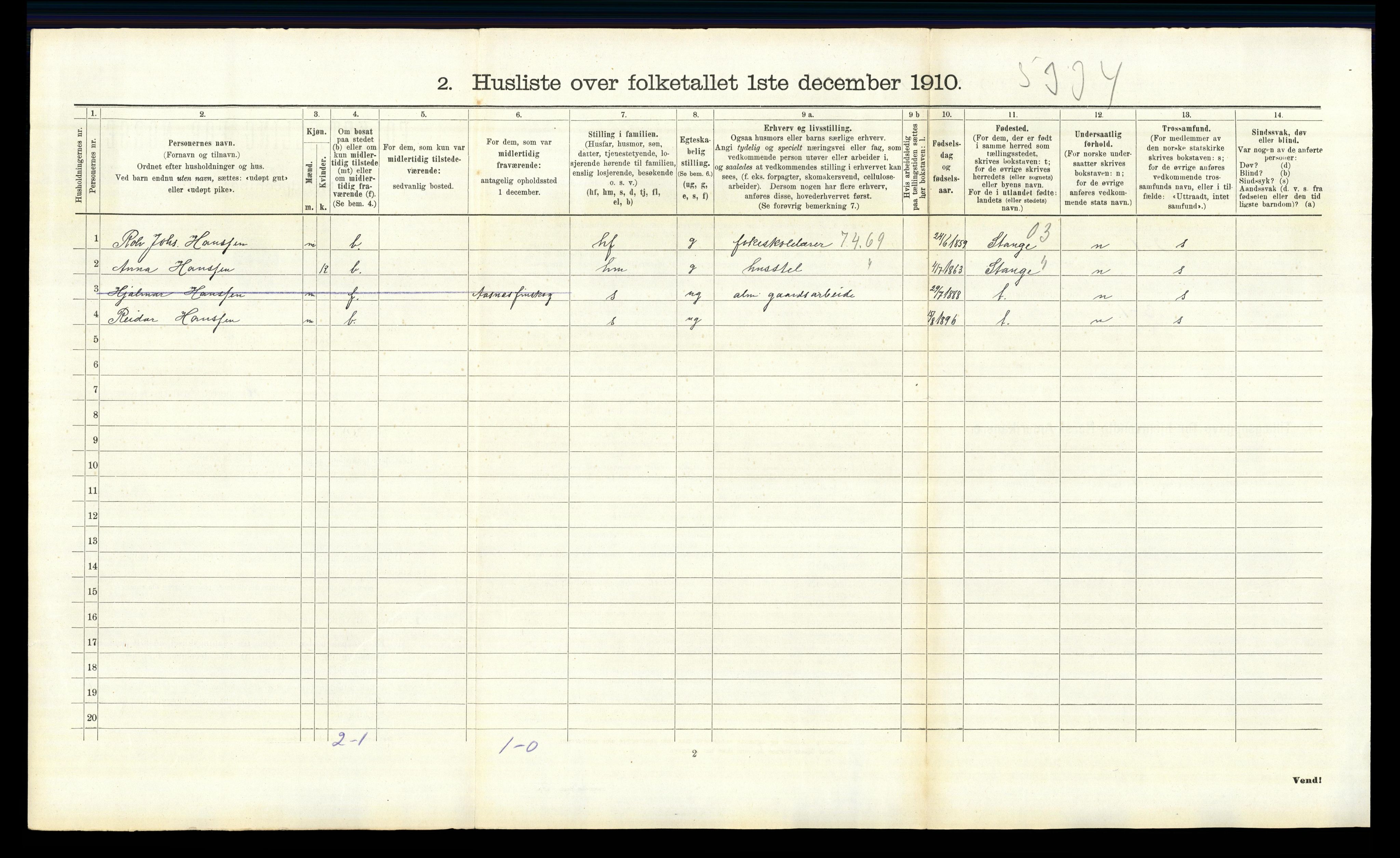 RA, 1910 census for Vinger, 1910, p. 1004