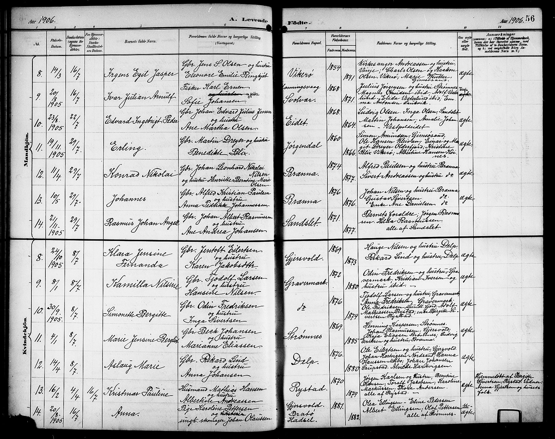 Ministerialprotokoller, klokkerbøker og fødselsregistre - Nordland, AV/SAT-A-1459/876/L1105: Parish register (copy) no. 876C04, 1896-1914, p. 56