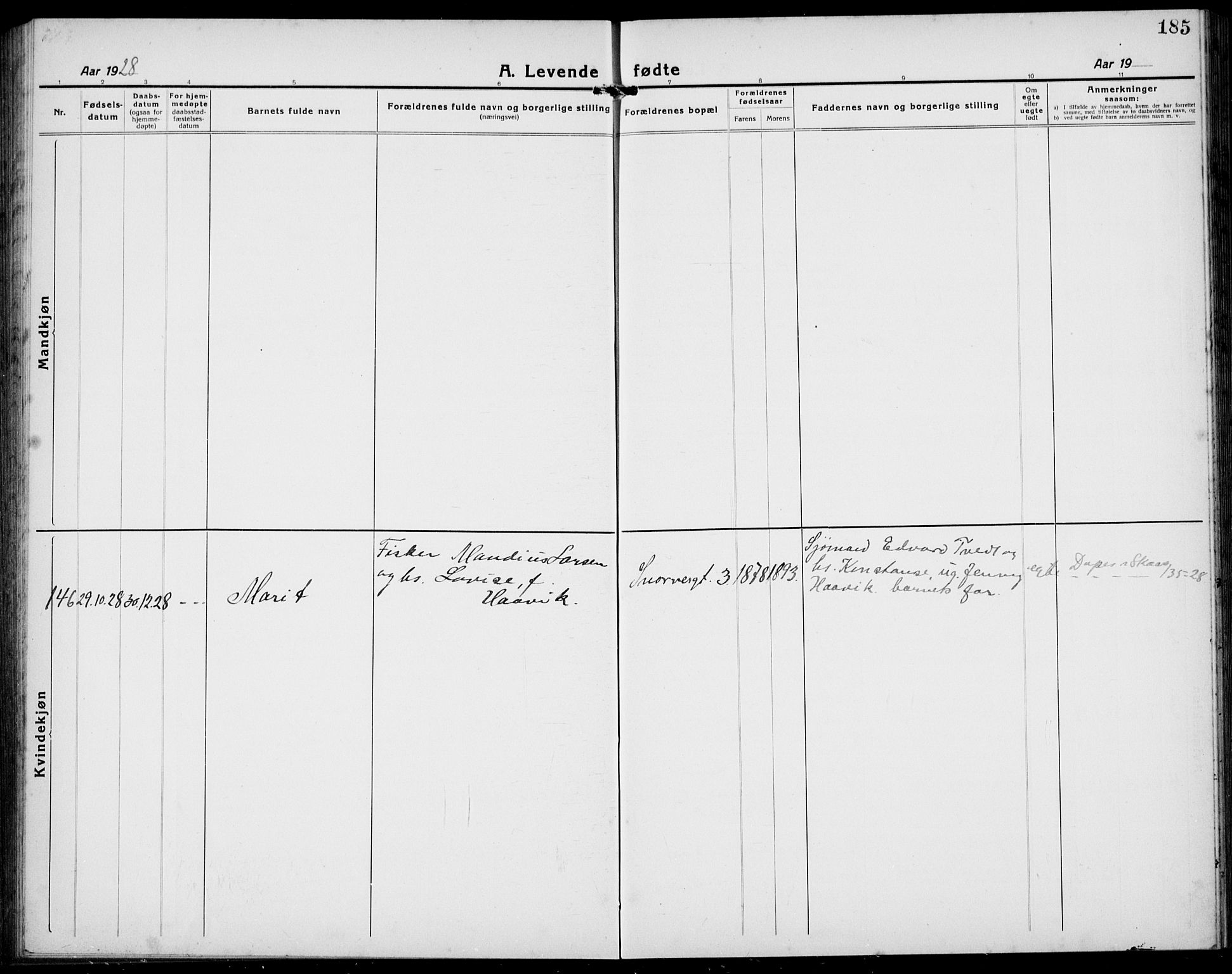 Haugesund sokneprestkontor, AV/SAST-A -101863/H/Ha/Hab/L0011: Parish register (copy) no. B 11, 1921-1934, p. 185