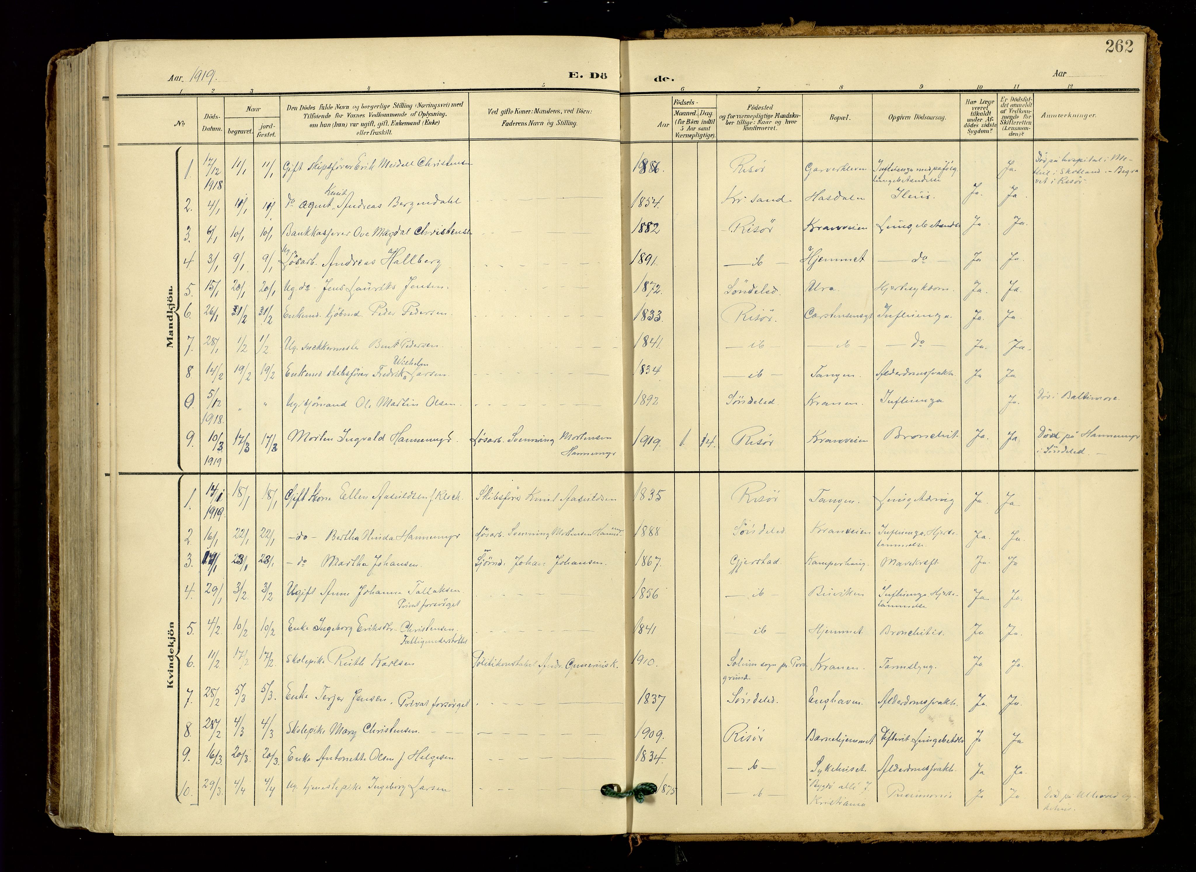 Risør sokneprestkontor, AV/SAK-1111-0035/F/Fa/L0011: Parish register (official) no. A 11, 1907-1920, p. 262