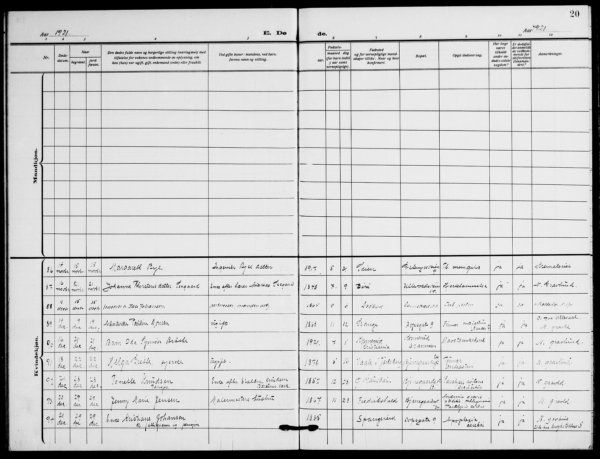 Gamle Aker prestekontor Kirkebøker, AV/SAO-A-10617a/F/L0016: Parish register (official) no. 16, 1919-1931, p. 20