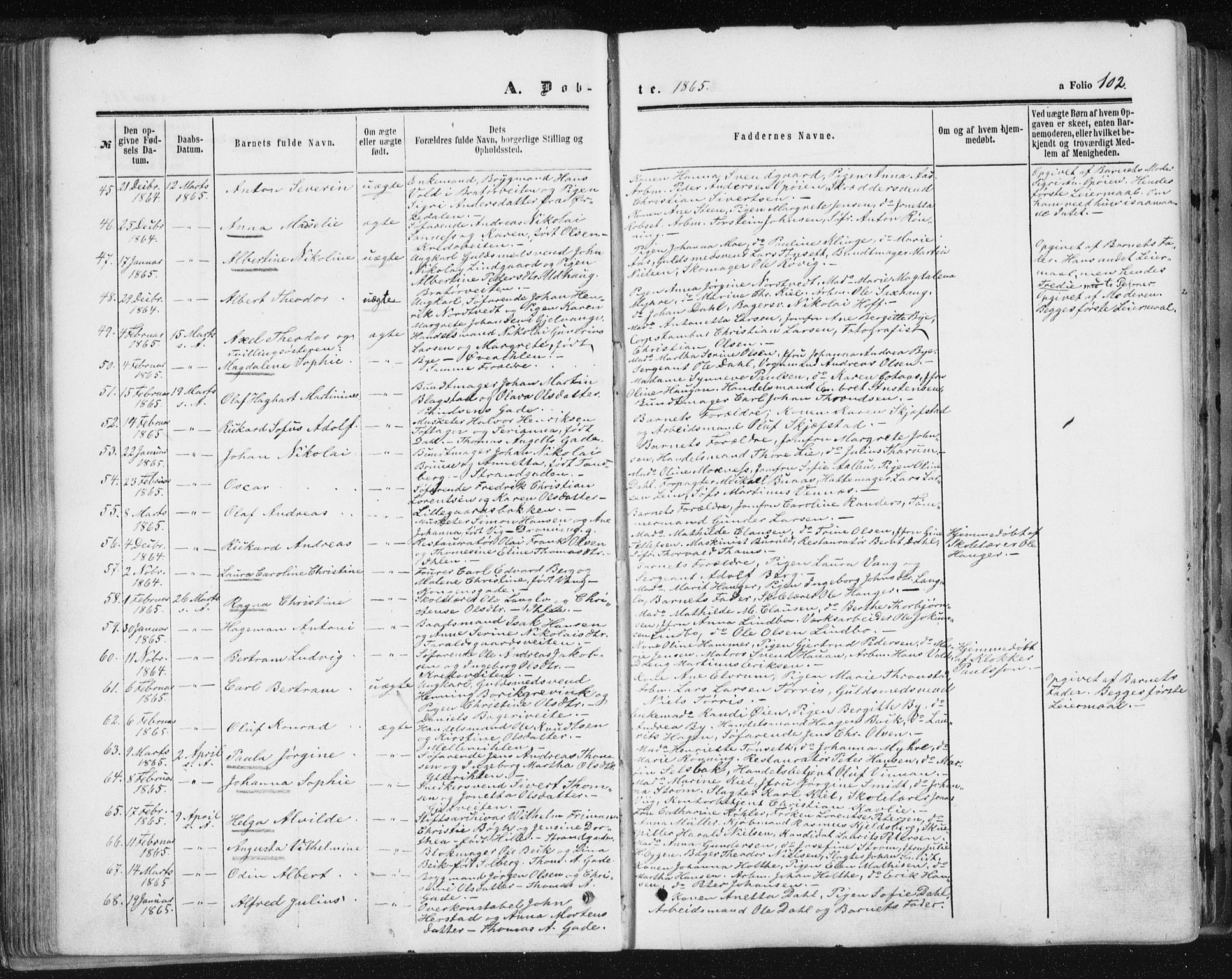 Ministerialprotokoller, klokkerbøker og fødselsregistre - Sør-Trøndelag, SAT/A-1456/602/L0115: Parish register (official) no. 602A13, 1860-1872, p. 102