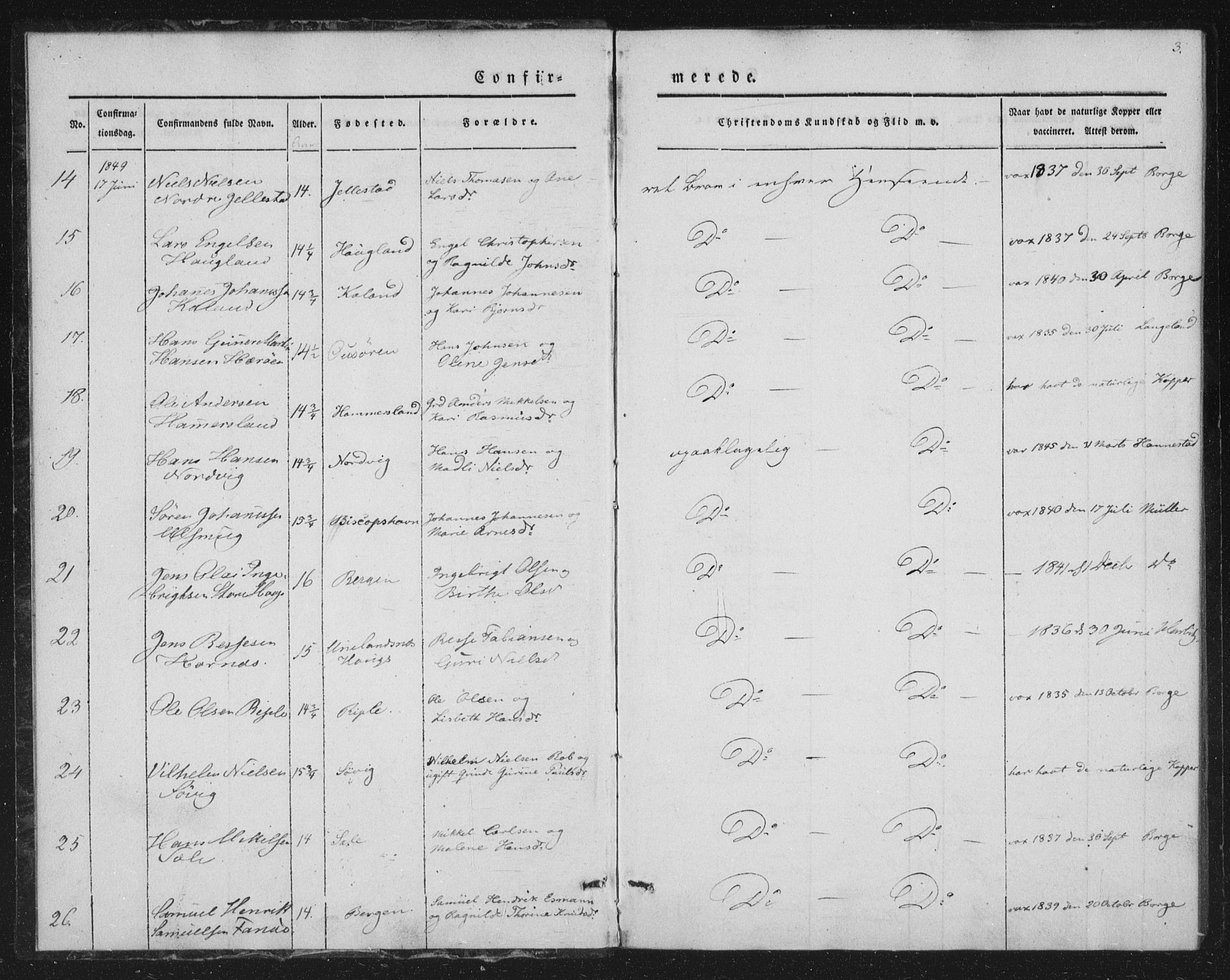 Fana Sokneprestembete, SAB/A-75101/H/Haa/Haaa/L0009: Parish register (official) no. A 9, 1849-1850, p. 3