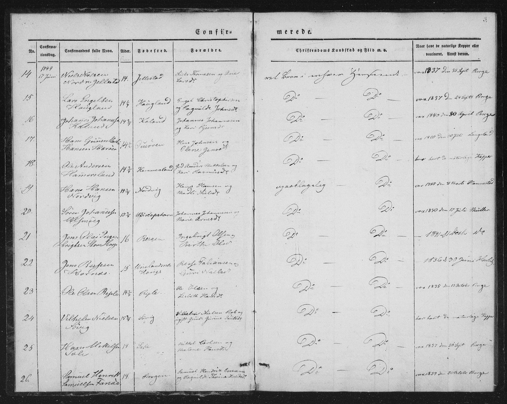 Fana Sokneprestembete, AV/SAB-A-75101/H/Haa/Haaa/L0009: Parish register (official) no. A 9, 1849-1850, p. 3