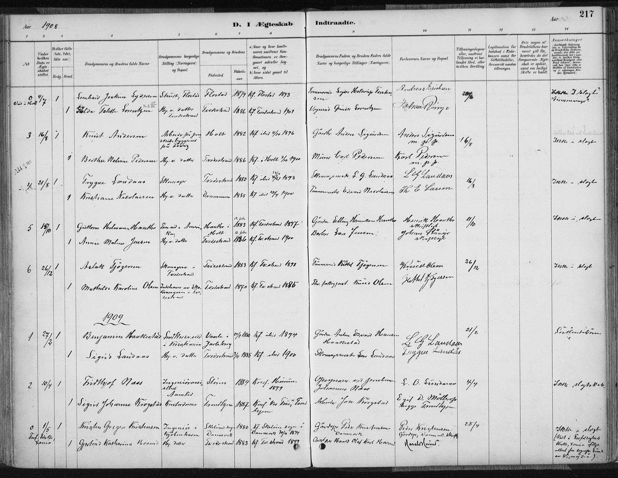 Tvedestrand sokneprestkontor, AV/SAK-1111-0042/F/Fa/L0001: Parish register (official) no. A 1, 1885-1916, p. 217