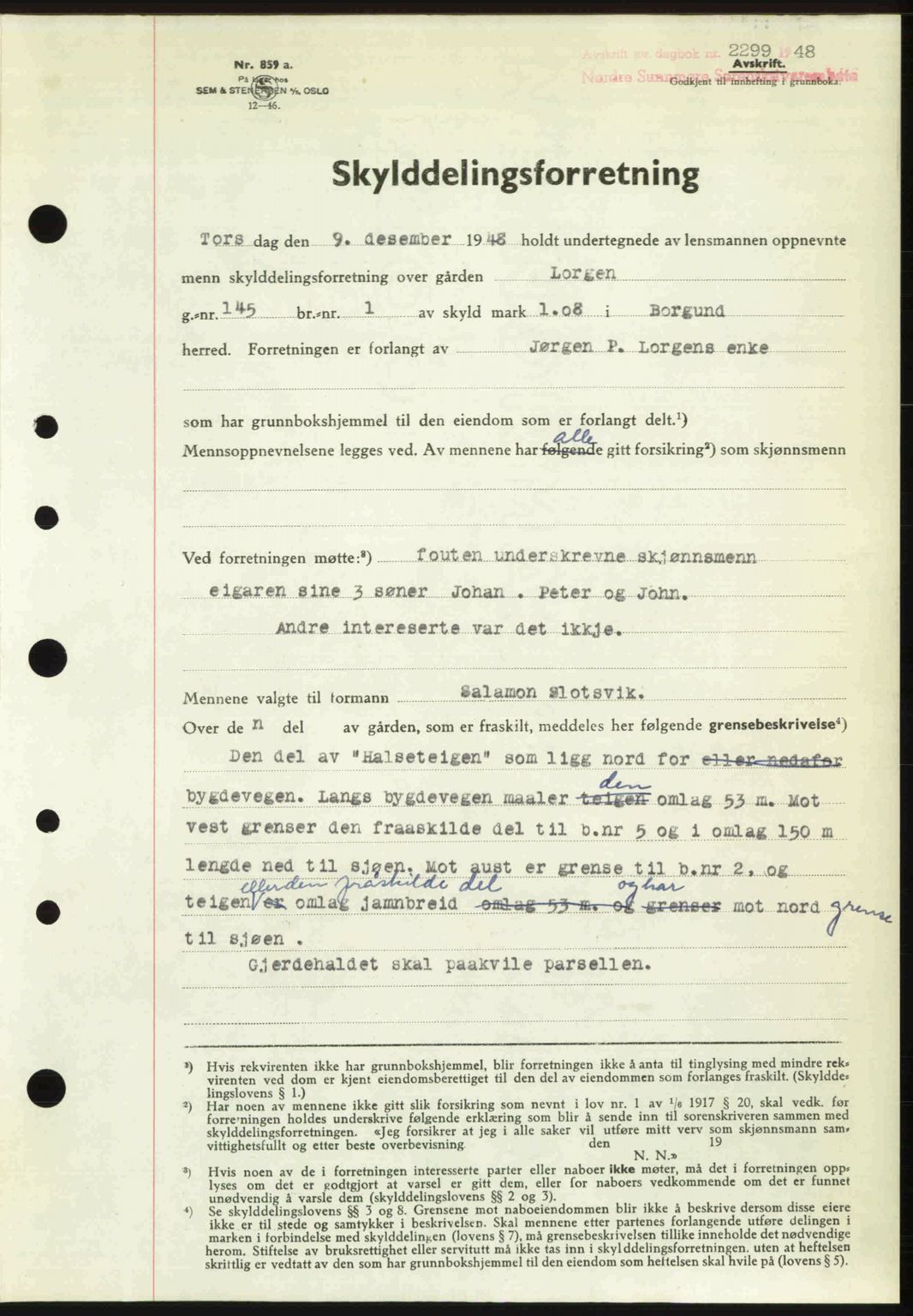 Nordre Sunnmøre sorenskriveri, AV/SAT-A-0006/1/2/2C/2Ca: Mortgage book no. A29, 1948-1949, Diary no: : 2299/1948