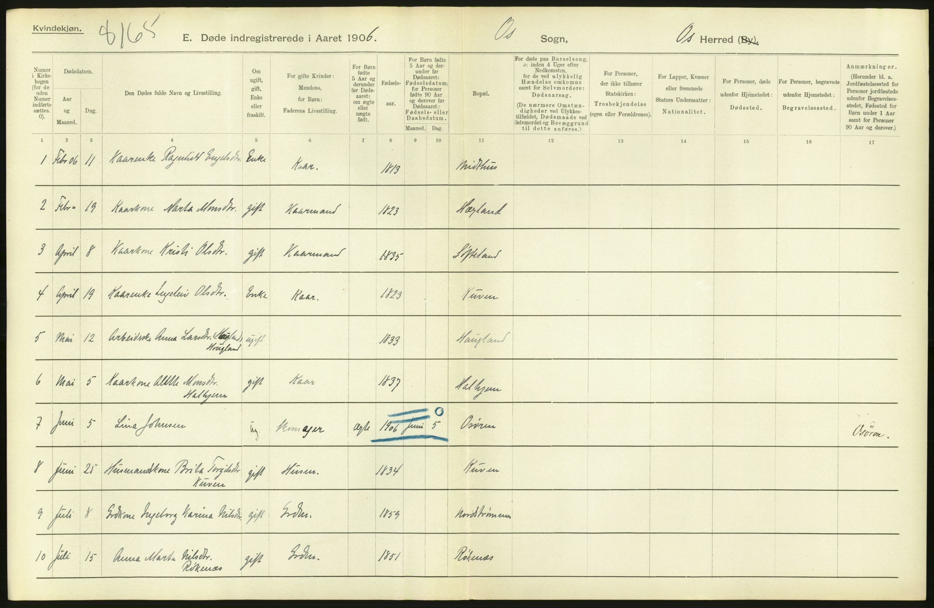 Statistisk sentralbyrå, Sosiodemografiske emner, Befolkning, AV/RA-S-2228/D/Df/Dfa/Dfad/L0030: S. Bergenhus amt: Døde. Bygder., 1906, p. 36