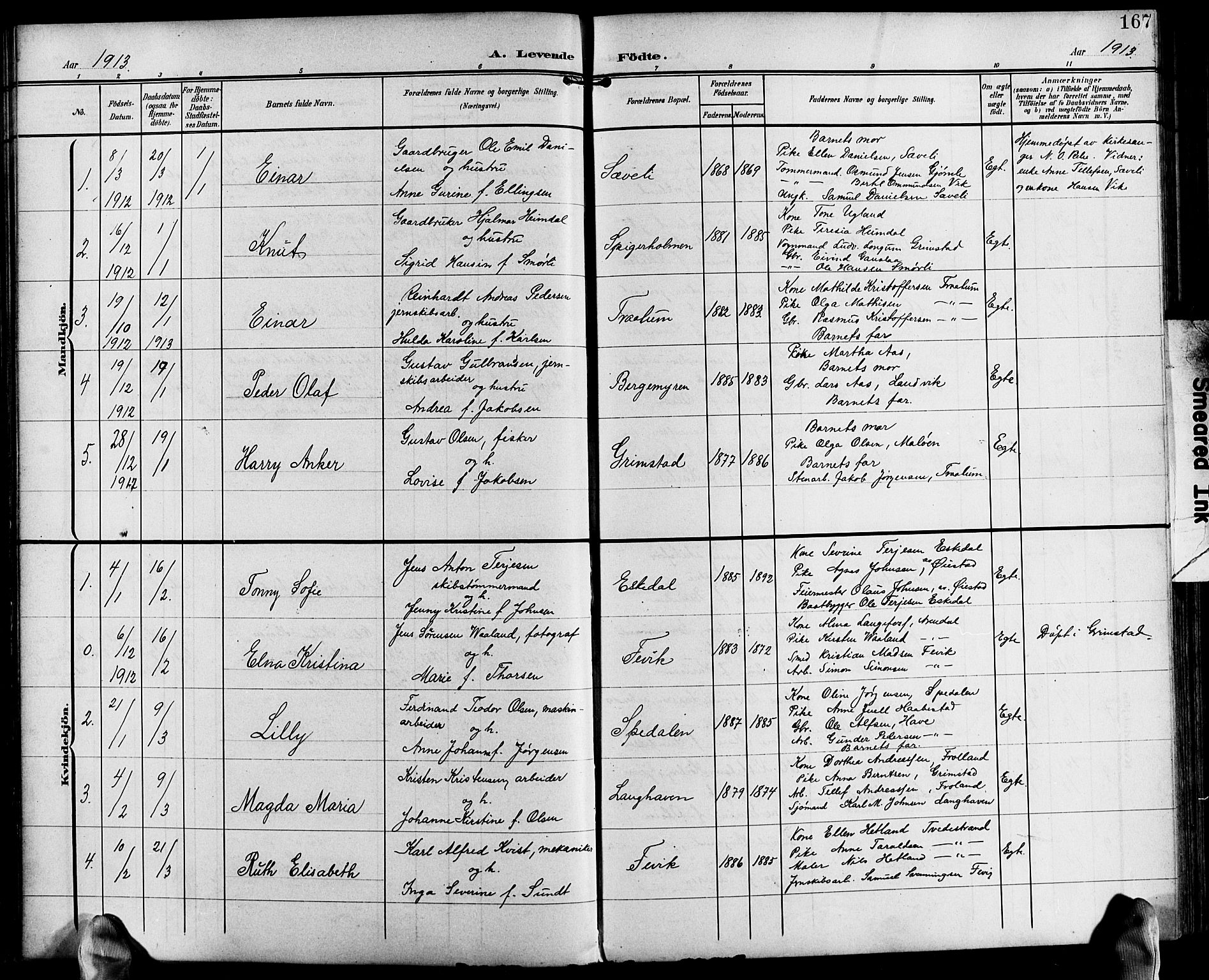 Fjære sokneprestkontor, SAK/1111-0011/F/Fb/L0012: Parish register (copy) no. B 12, 1902-1925, p. 167