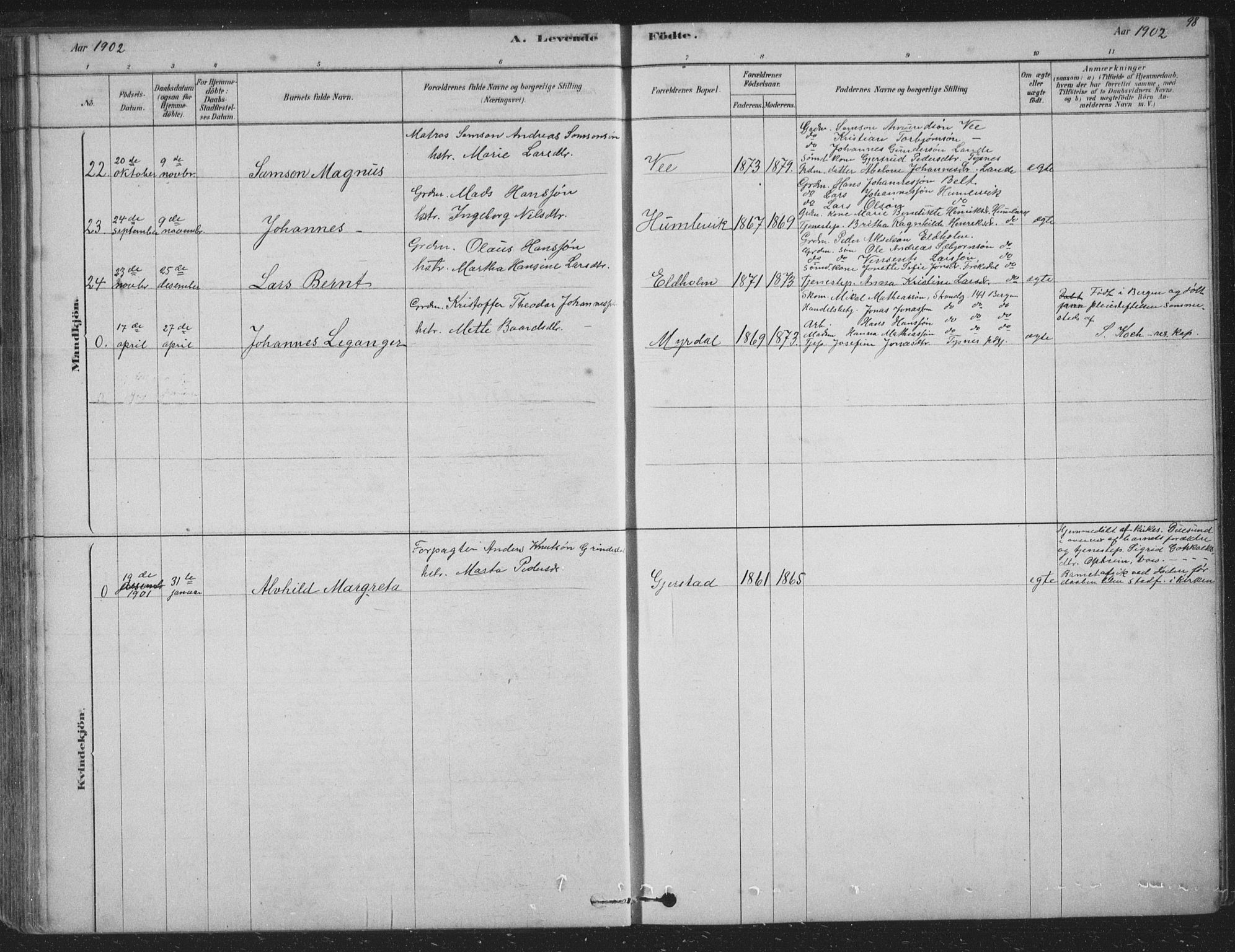 Tysnes sokneprestembete, AV/SAB-A-78601/H/Hab: Parish register (copy) no. B 2, 1878-1918, p. 98