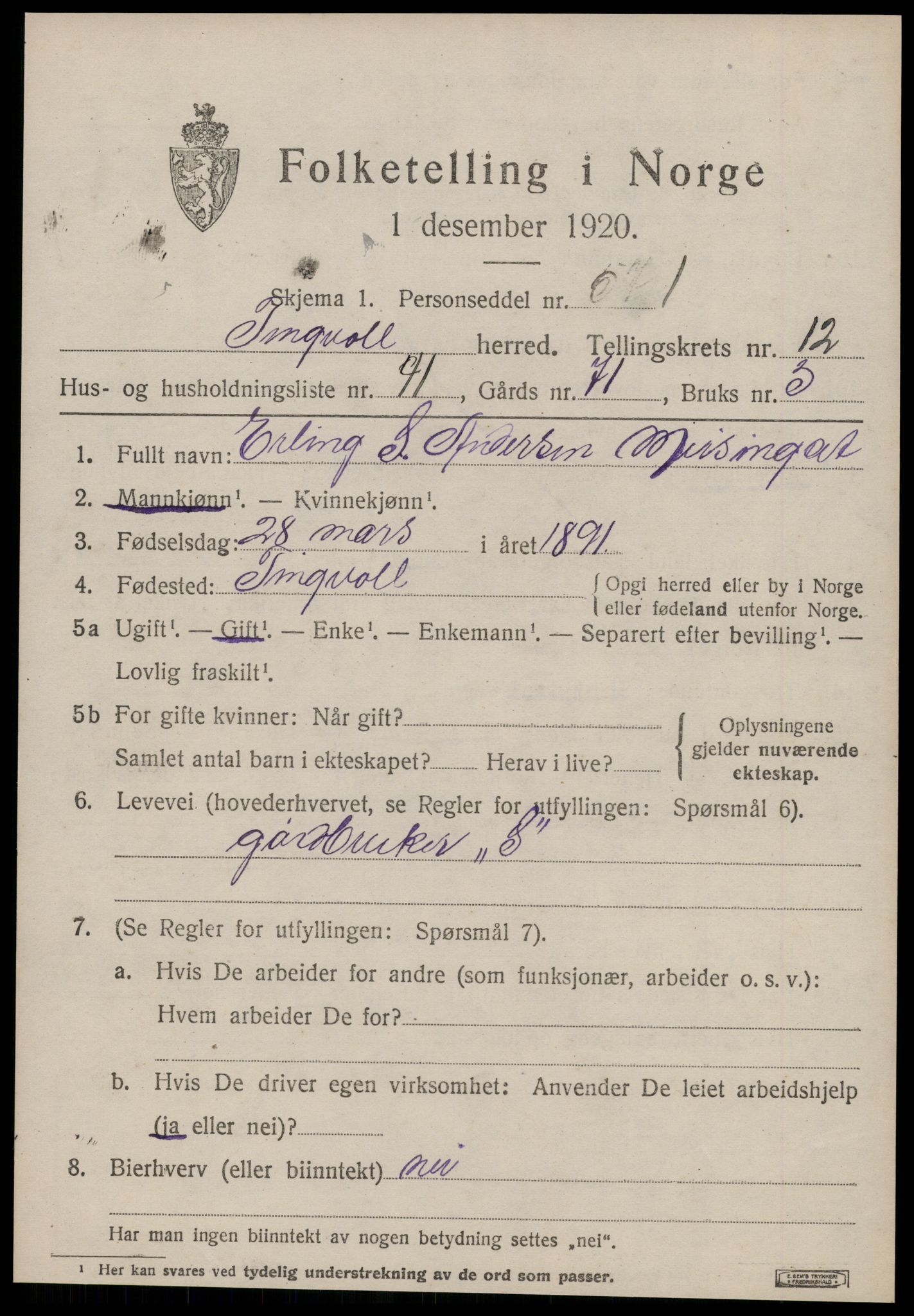 SAT, 1920 census for Tingvoll, 1920, p. 6536