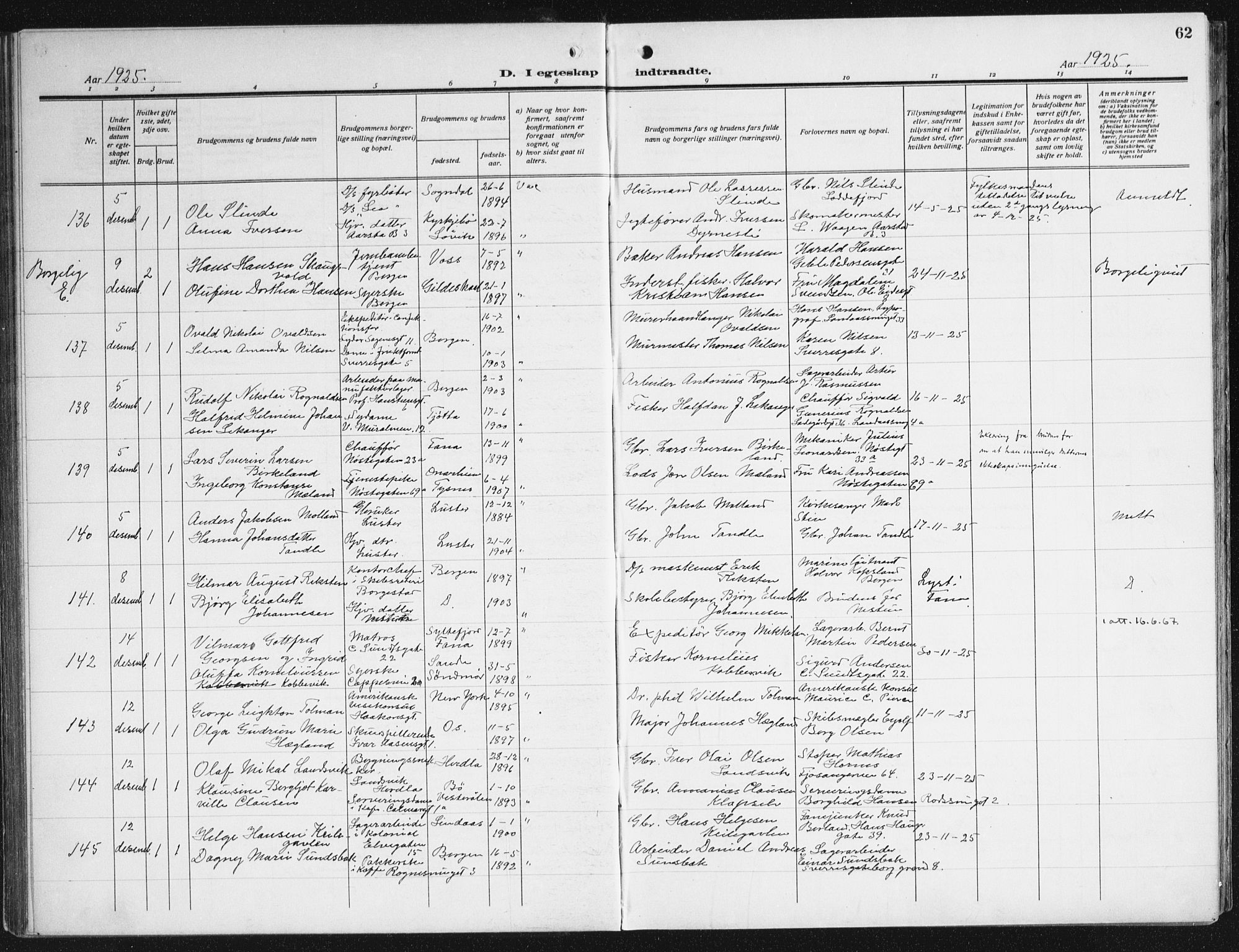 Domkirken sokneprestembete, SAB/A-74801/H/Haa/L0039: Parish register (official) no. D 6, 1921-1937, p. 62