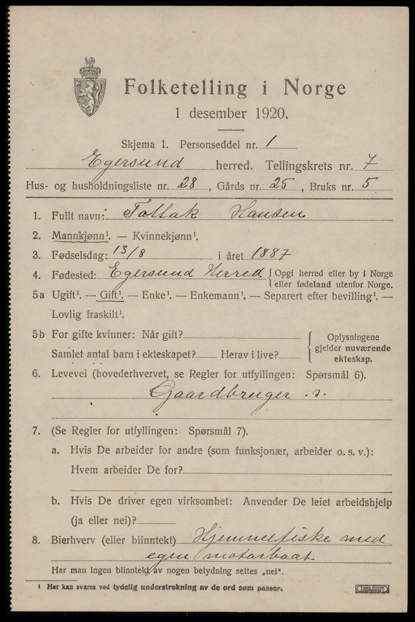 SAST, 1920 census for Eigersund, 1920, p. 4993