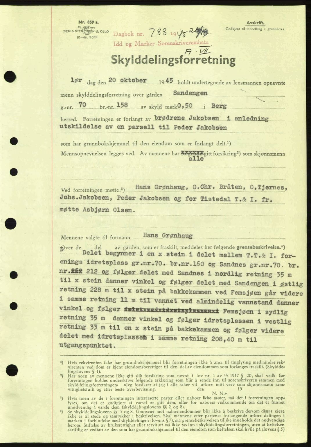 Idd og Marker sorenskriveri, AV/SAO-A-10283/G/Gb/Gbb/L0007: Mortgage book no. A7, 1944-1945, Diary no: : 788/1945