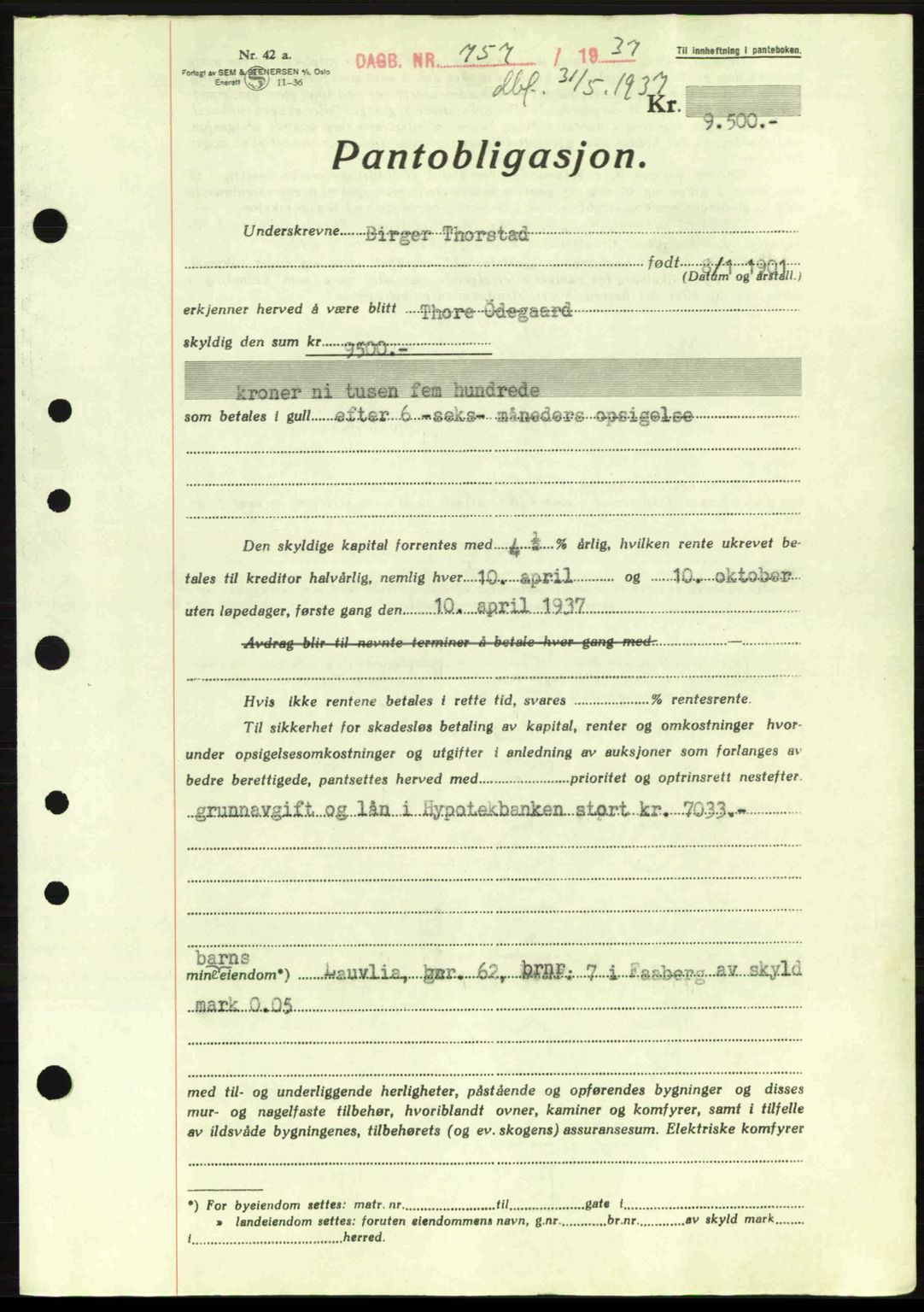 Sør-Gudbrandsdal tingrett, SAH/TING-004/H/Hb/Hbe/L0001: Mortgage book no. B1, 1936-1939, Diary no: : 757/1937