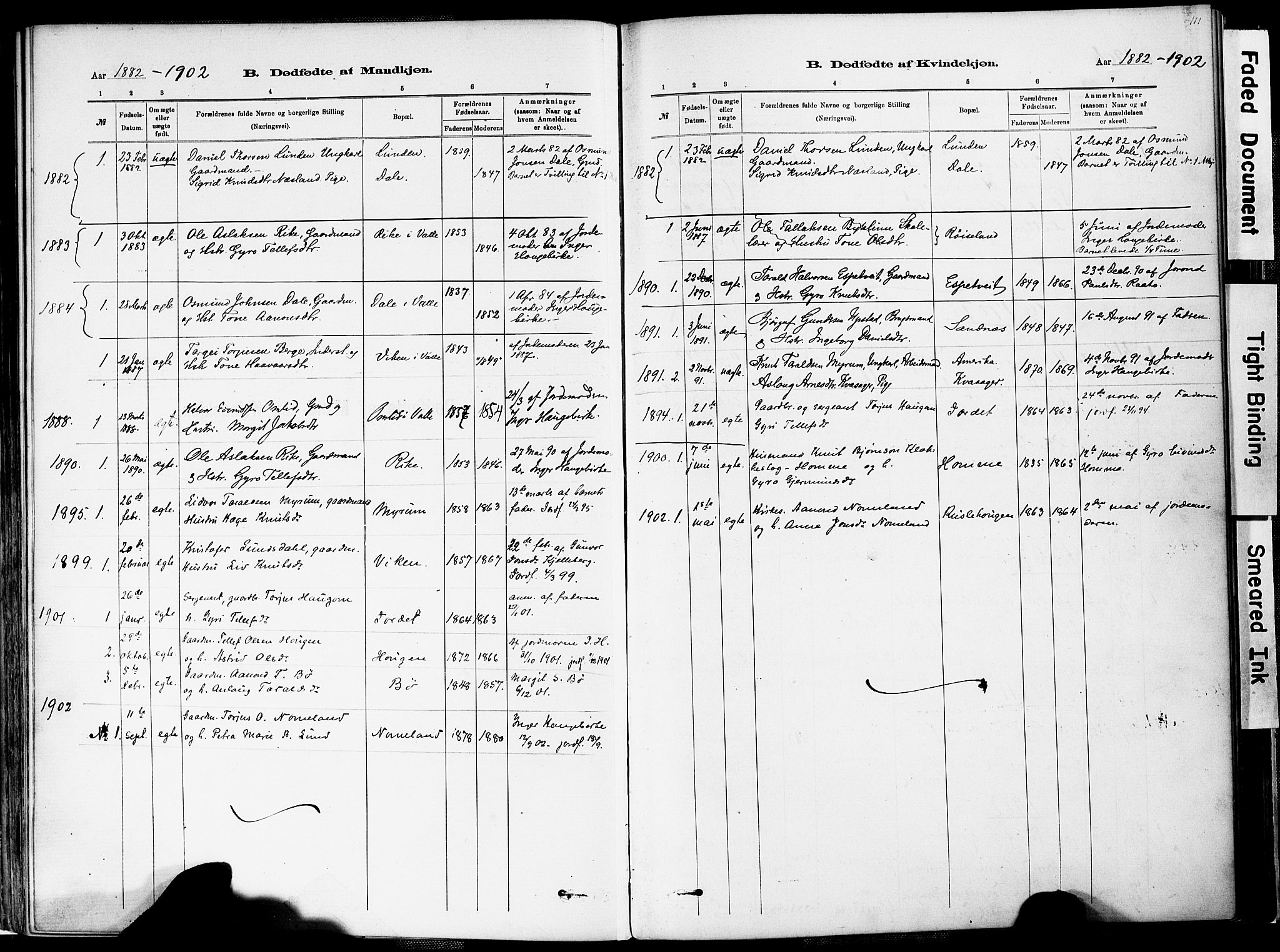 Valle sokneprestkontor, AV/SAK-1111-0044/F/Fa/Fac/L0009: Parish register (official) no. A 9, 1882-1913, p. 111