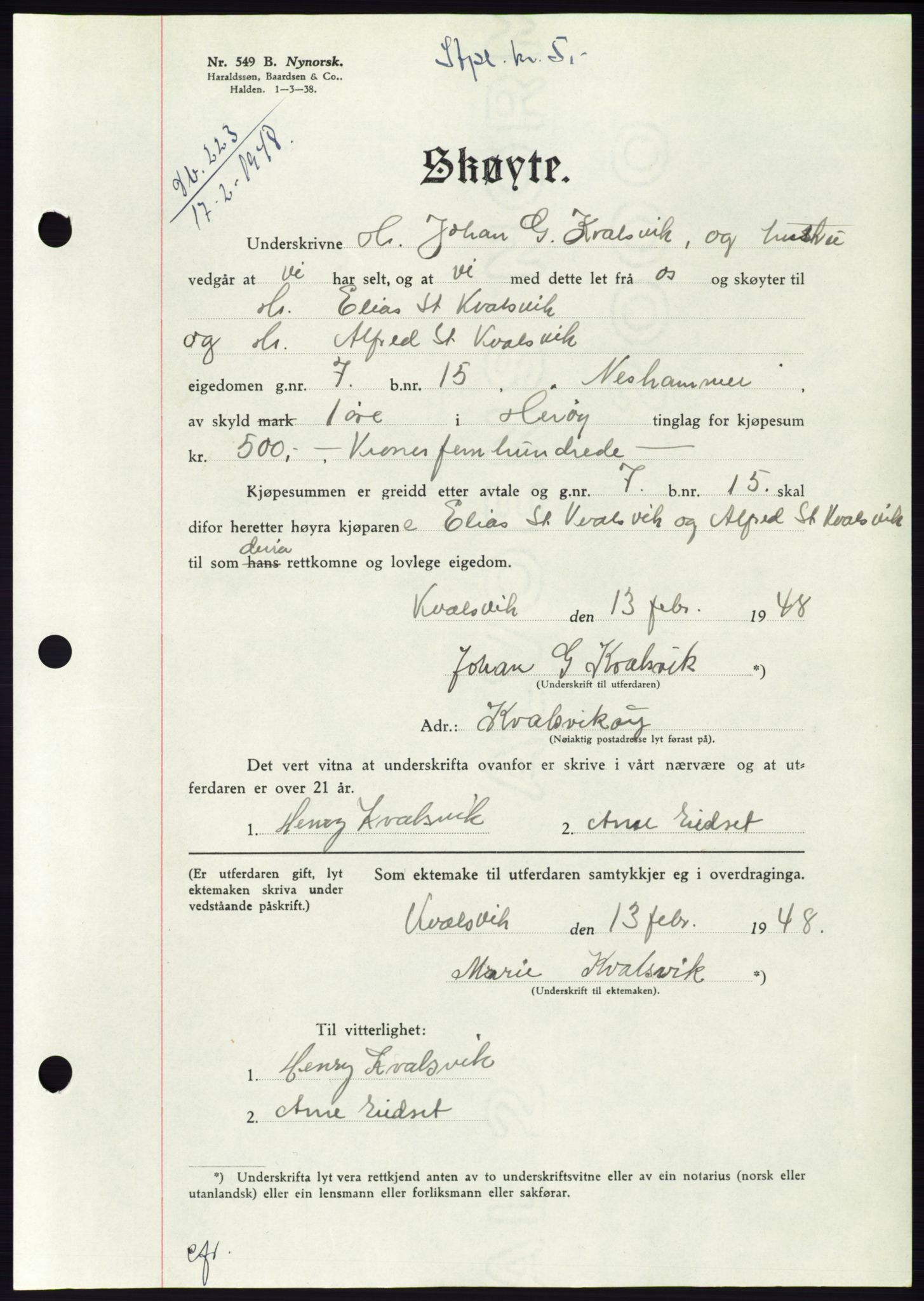 Søre Sunnmøre sorenskriveri, AV/SAT-A-4122/1/2/2C/L0082: Mortgage book no. 8A, 1948-1948, Diary no: : 223/1948