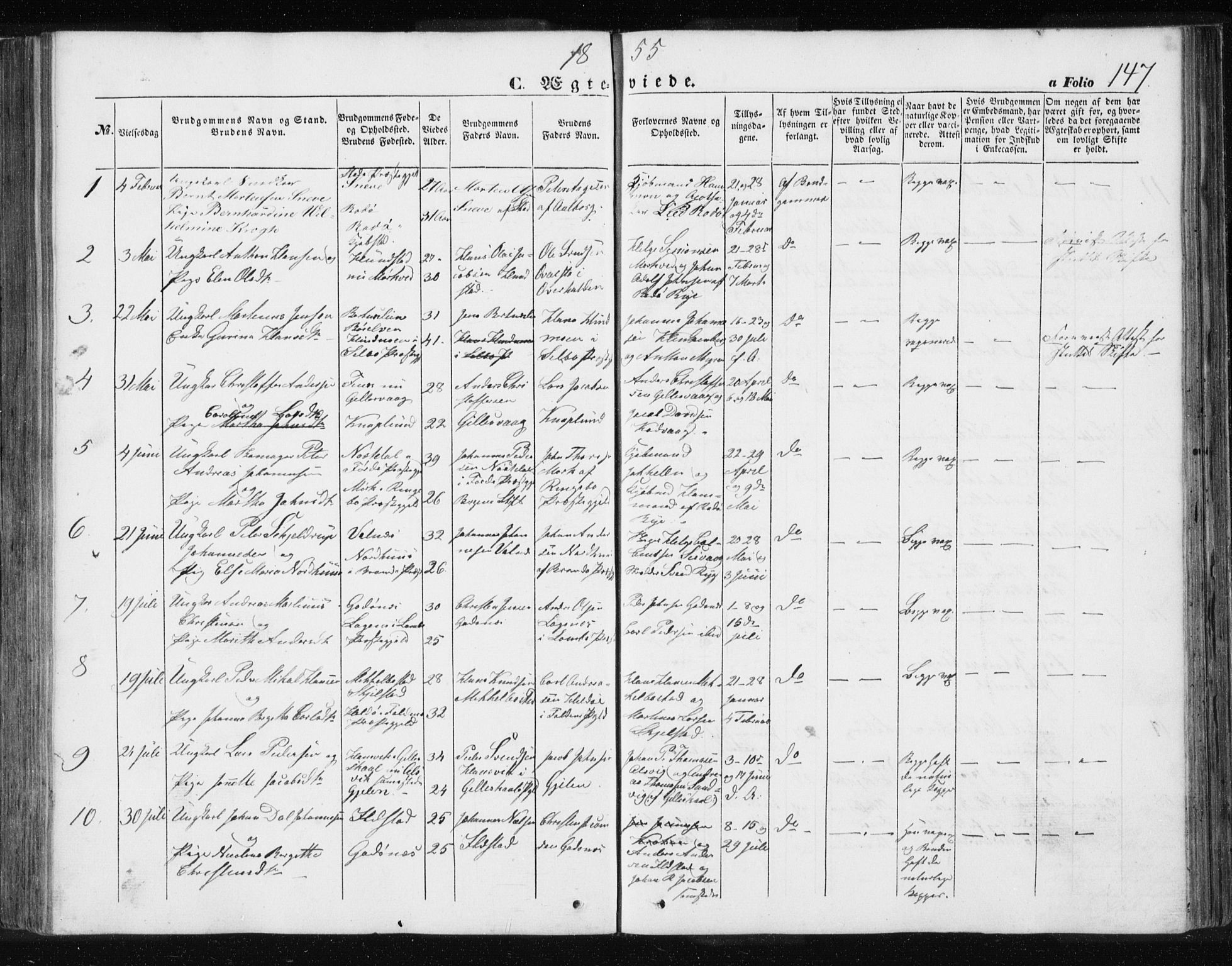 Ministerialprotokoller, klokkerbøker og fødselsregistre - Nordland, SAT/A-1459/801/L0028: Parish register (copy) no. 801C03, 1855-1867, p. 147