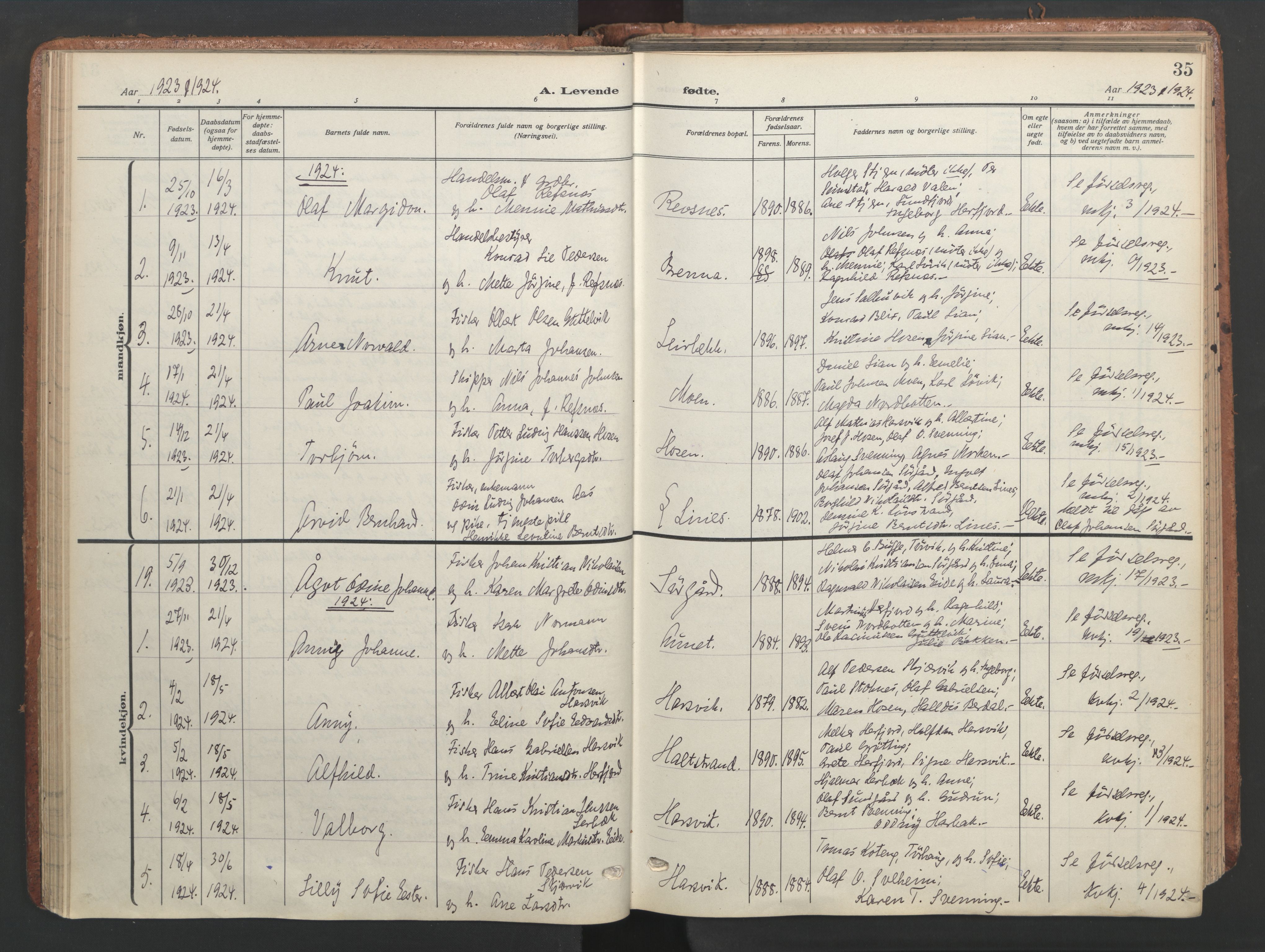 Ministerialprotokoller, klokkerbøker og fødselsregistre - Sør-Trøndelag, SAT/A-1456/656/L0694: Parish register (official) no. 656A03, 1914-1931, p. 35