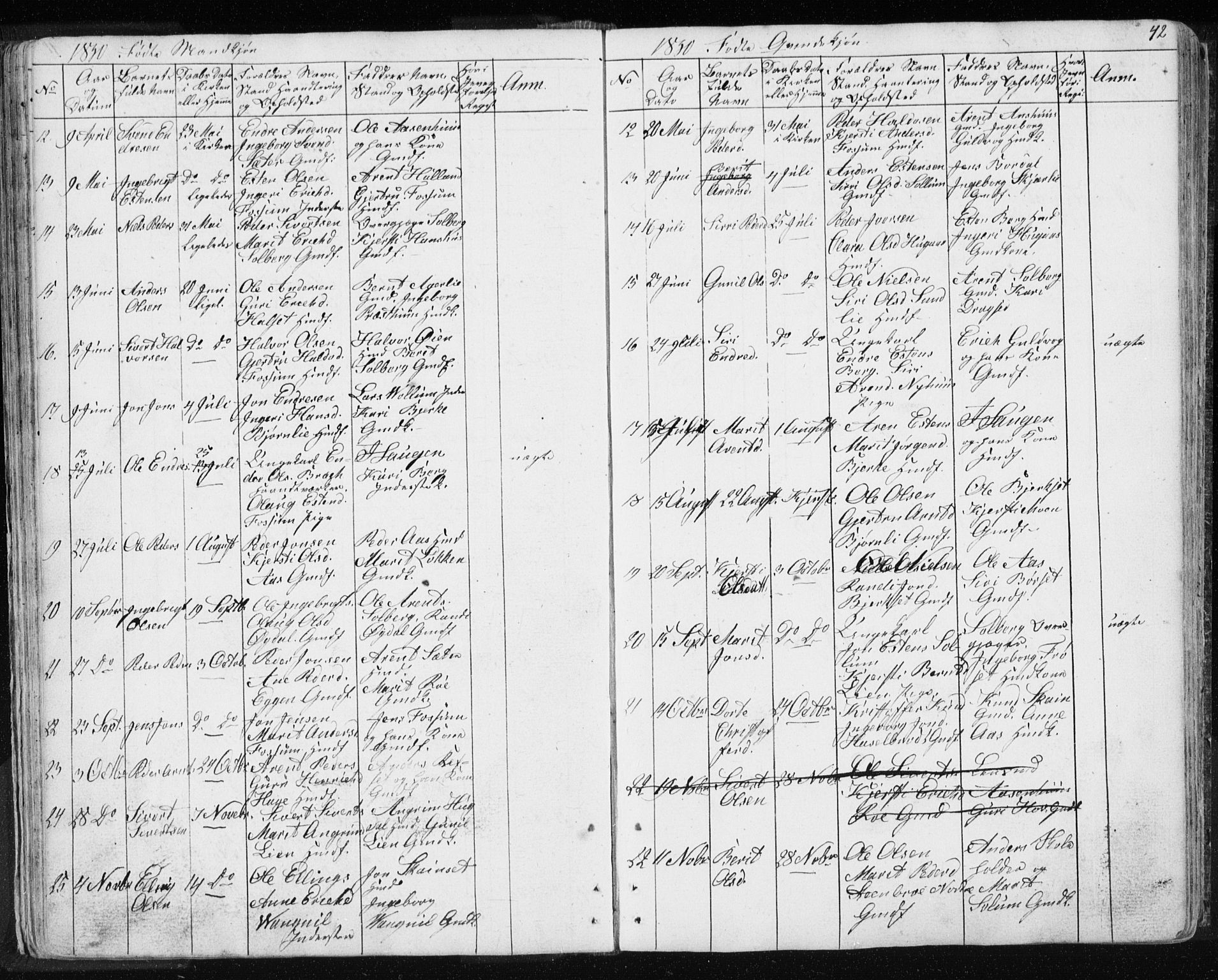 Ministerialprotokoller, klokkerbøker og fødselsregistre - Sør-Trøndelag, AV/SAT-A-1456/689/L1043: Parish register (copy) no. 689C02, 1816-1892, p. 42