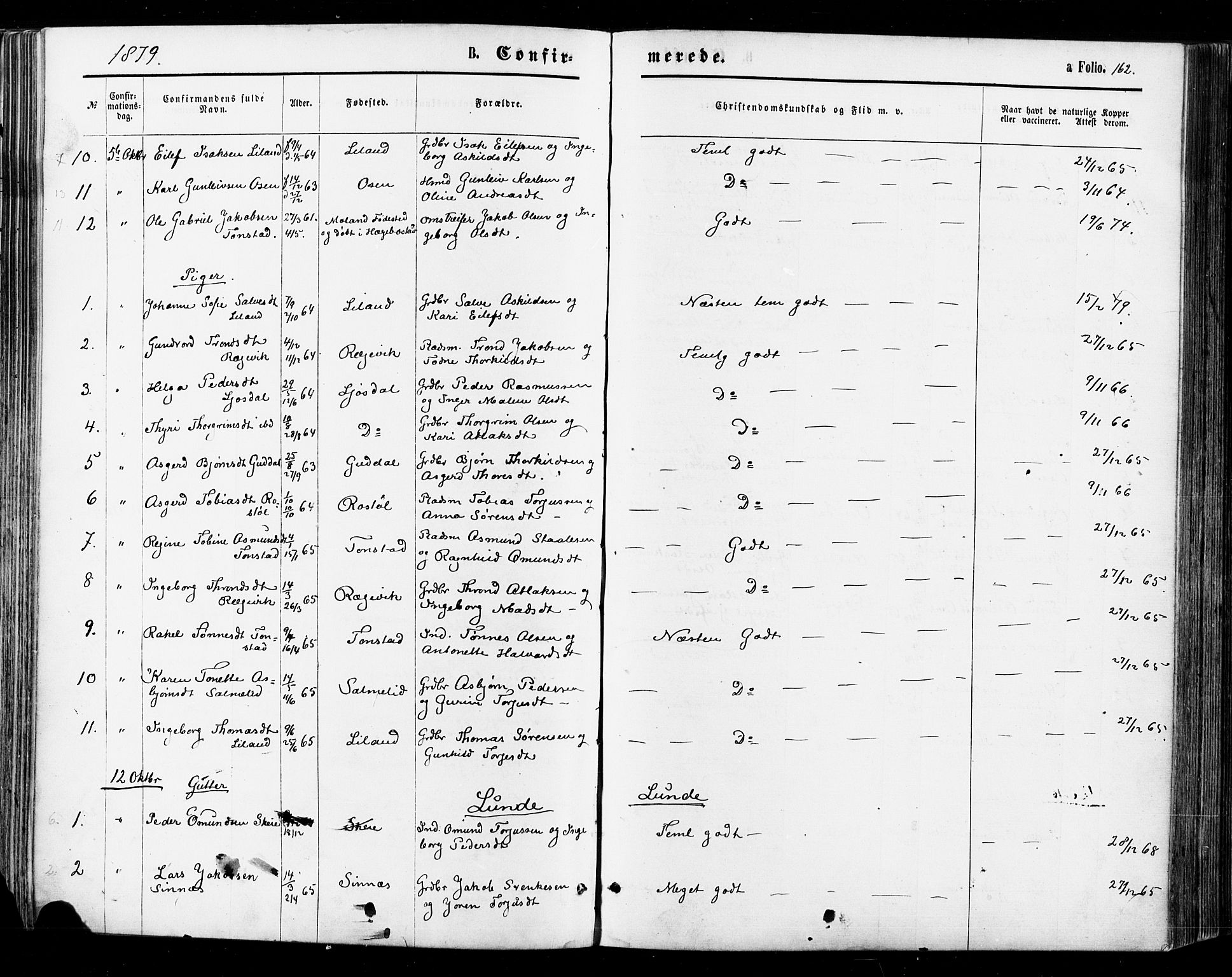 Sirdal sokneprestkontor, AV/SAK-1111-0036/F/Fa/Fab/L0003: Parish register (official) no. A 3, 1874-1886, p. 162