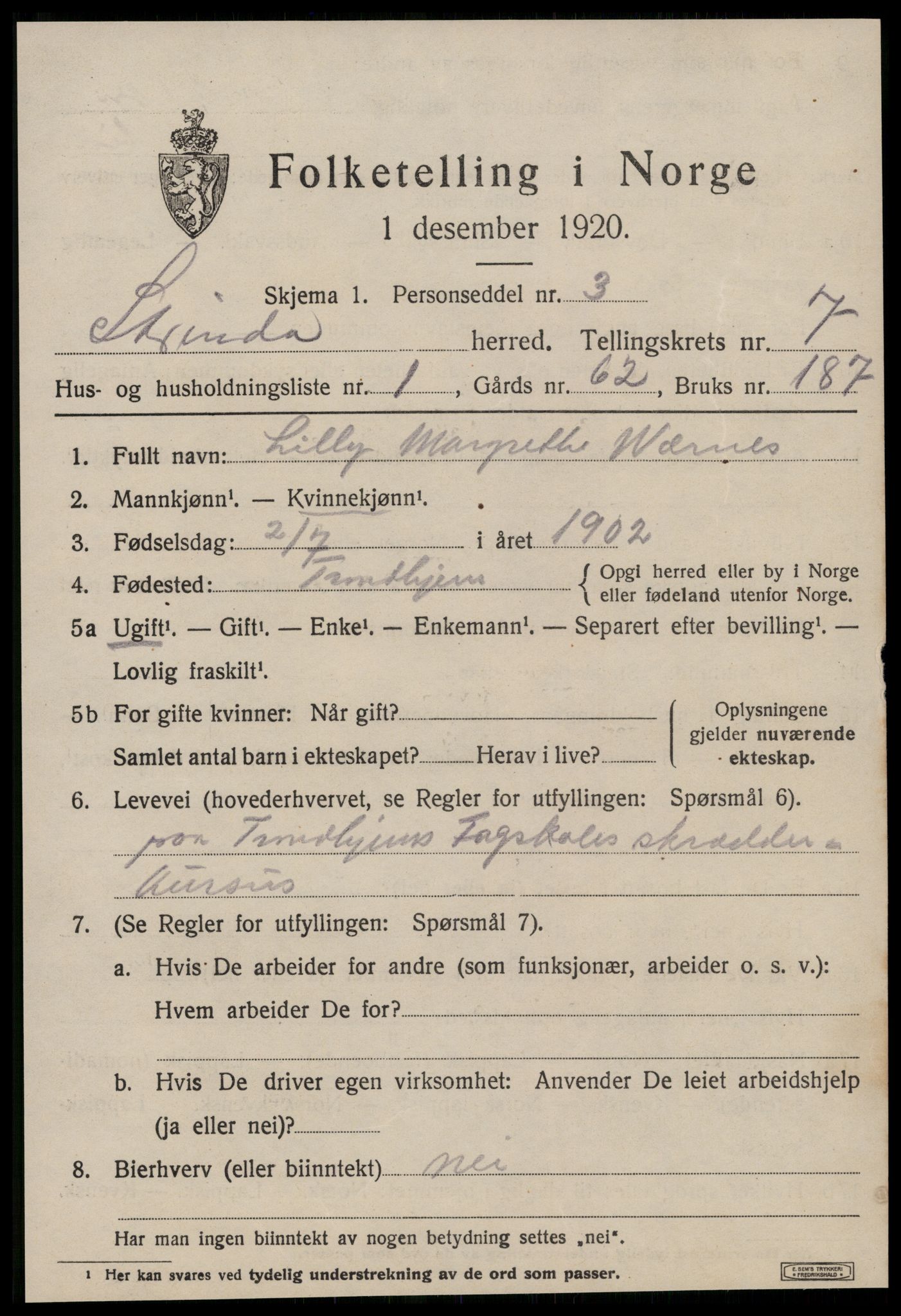 SAT, 1920 census for Strinda, 1920, p. 16910