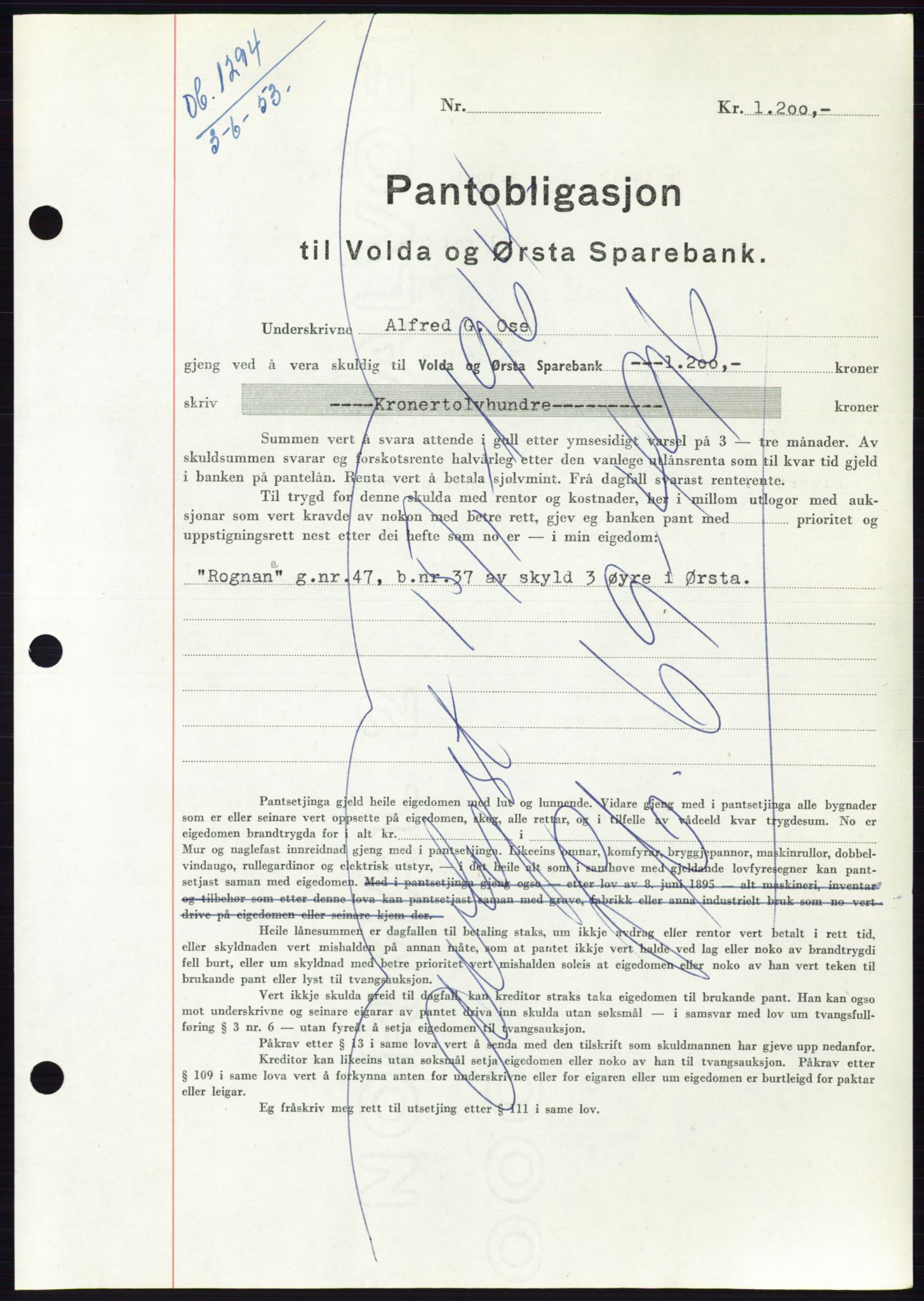 Søre Sunnmøre sorenskriveri, AV/SAT-A-4122/1/2/2C/L0123: Mortgage book no. 11B, 1953-1953, Diary no: : 1294/1953