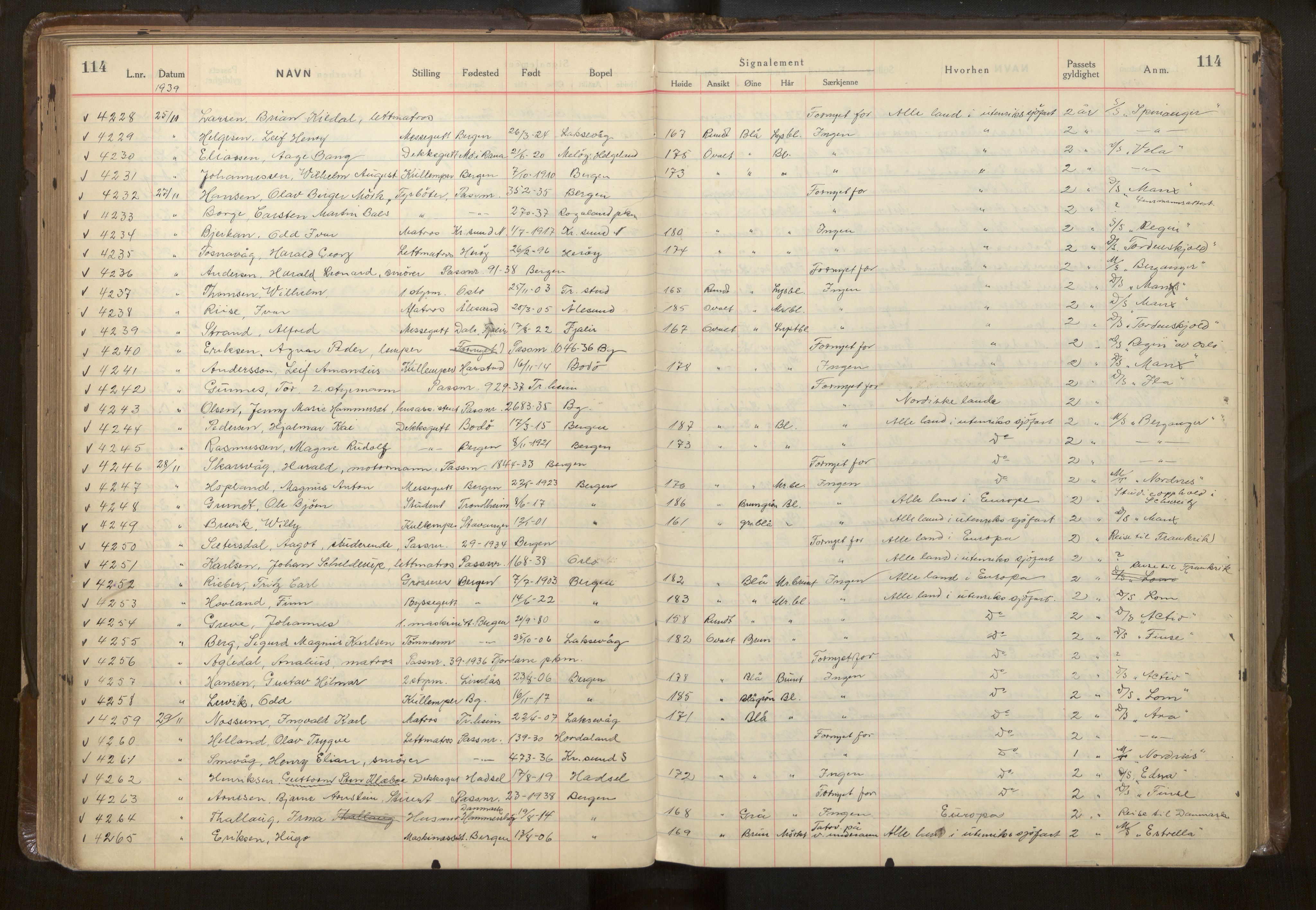 Bergen politikammer / politidistrikt, AV/SAB-A-60401/L/La/Lab/L0015: Passprotokoll, 1939-1946