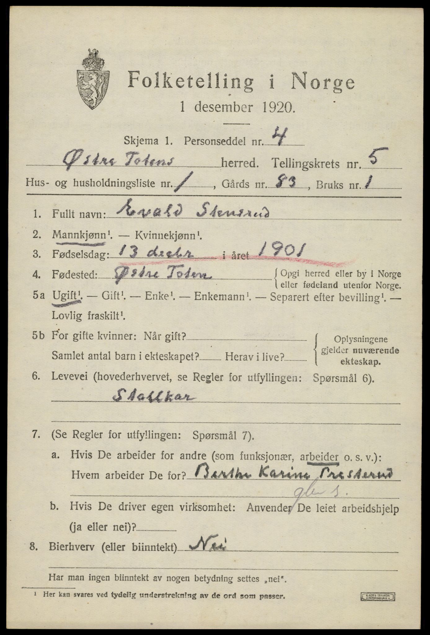 SAH, 1920 census for Østre Toten, 1920, p. 10800