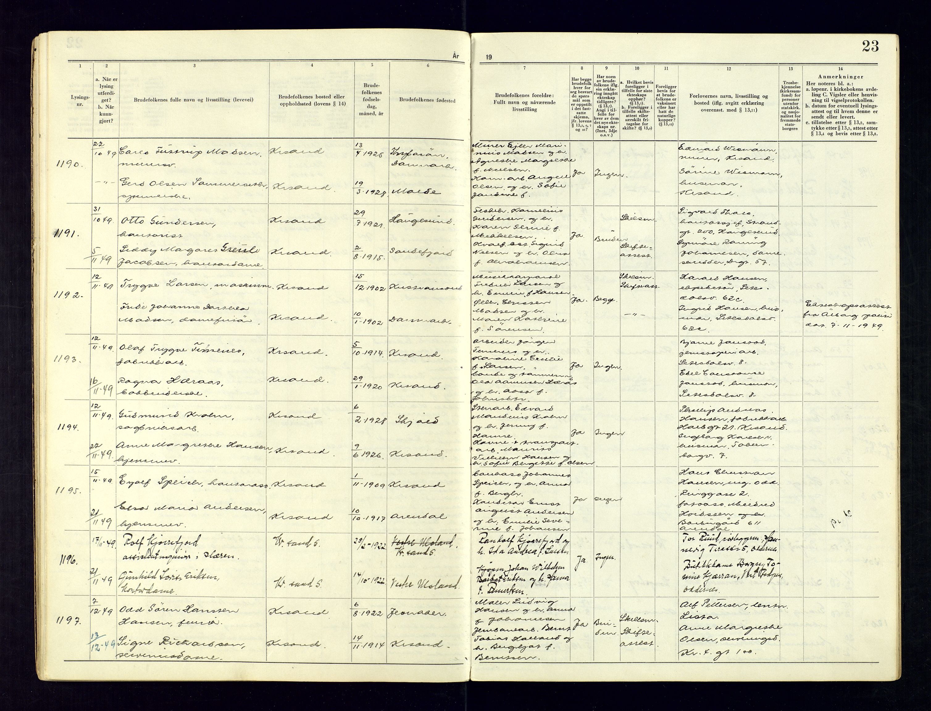 Kristiansand byrett - 2, AV/SAK-1223-0002/I/Ib/L0149/0004: Vigselbøker og lysningsbøker / Lysningsbok, 1946-1961, p. 23