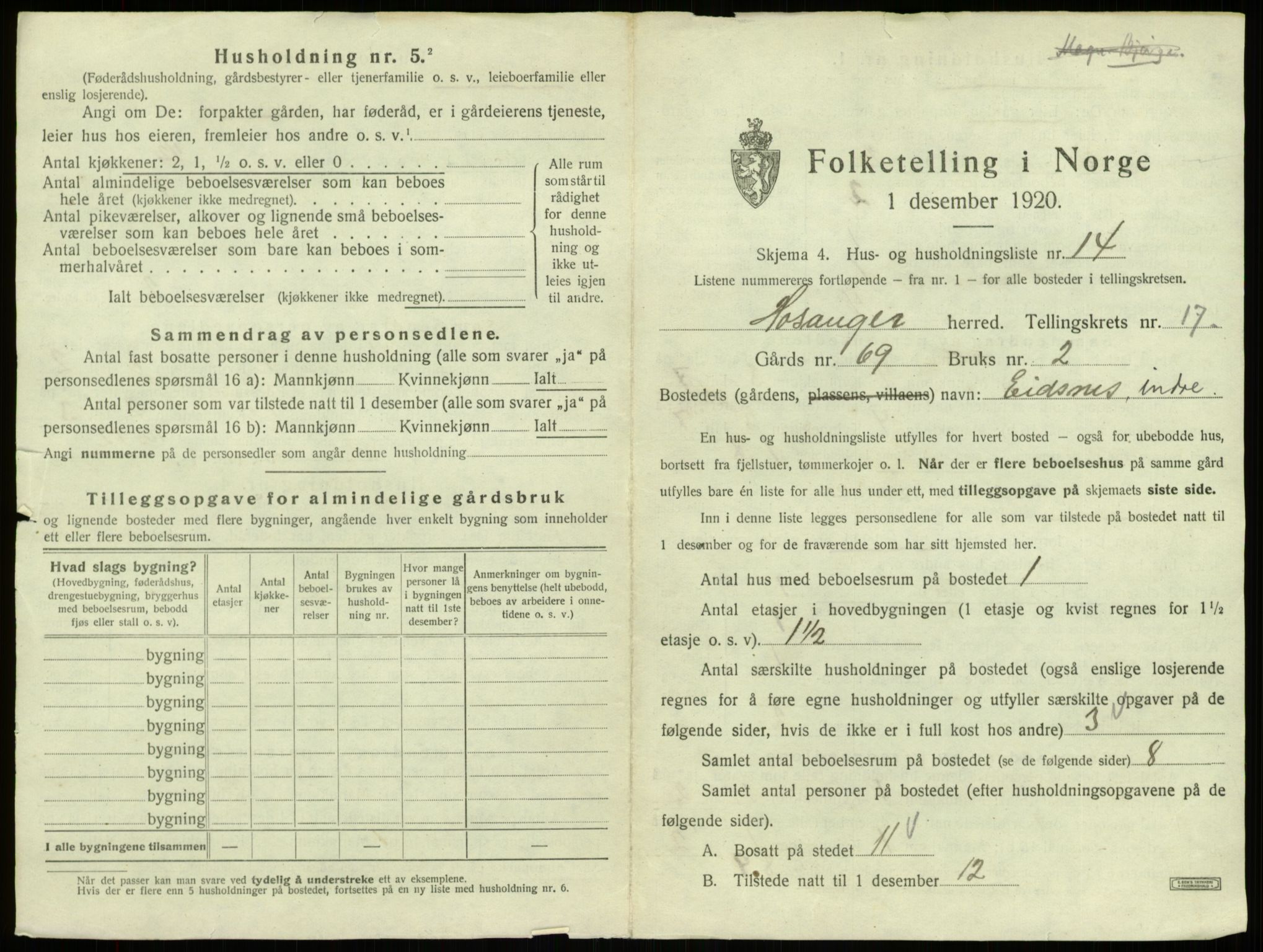 SAB, 1920 census for Hosanger, 1920, p. 911