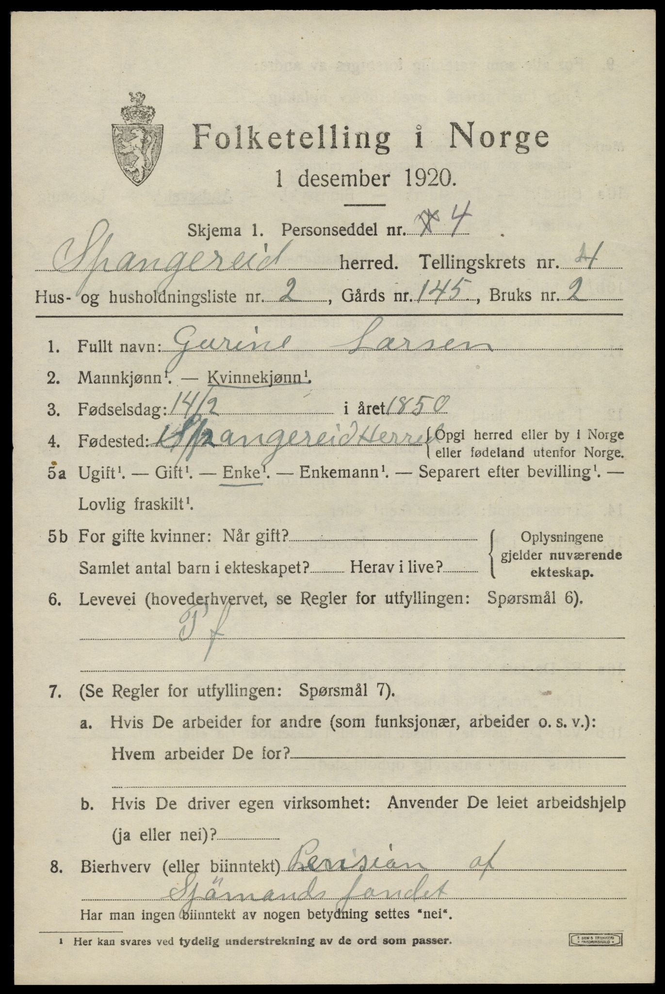 SAK, 1920 census for Spangereid, 1920, p. 1531