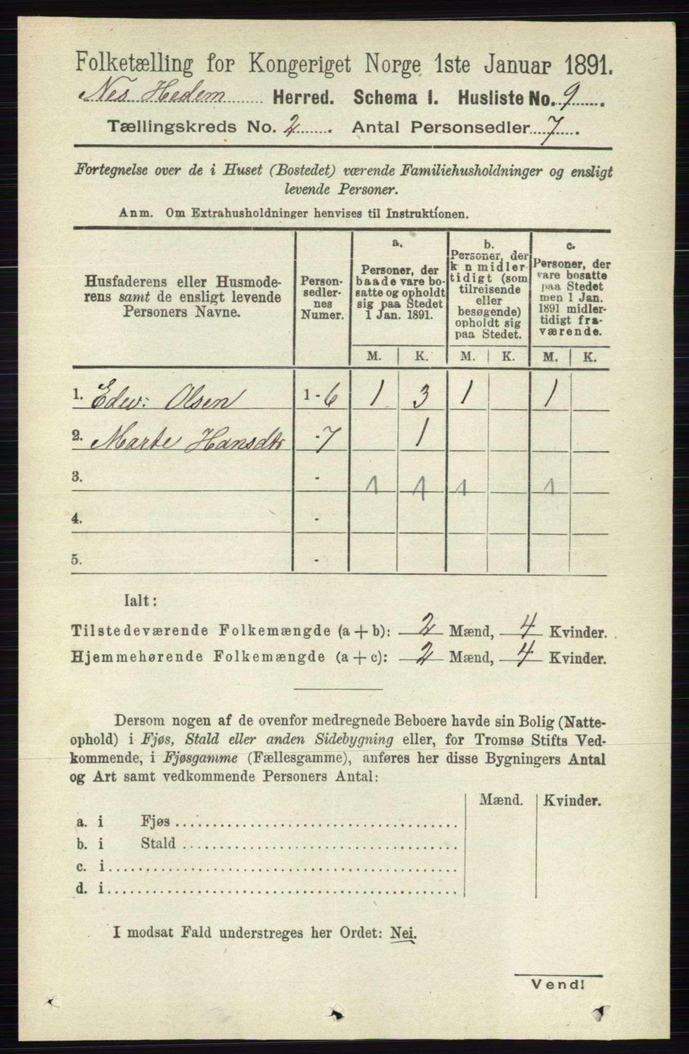 RA, 1891 census for 0411 Nes, 1891, p. 1012