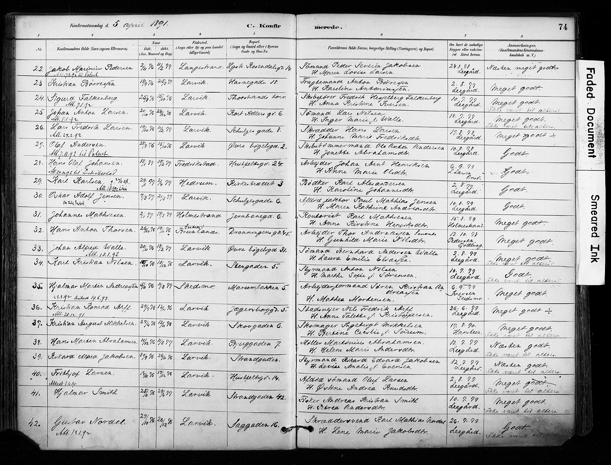 Larvik kirkebøker, AV/SAKO-A-352/F/Fa/L0008: Parish register (official) no. I 8, 1884-1902, p. 74
