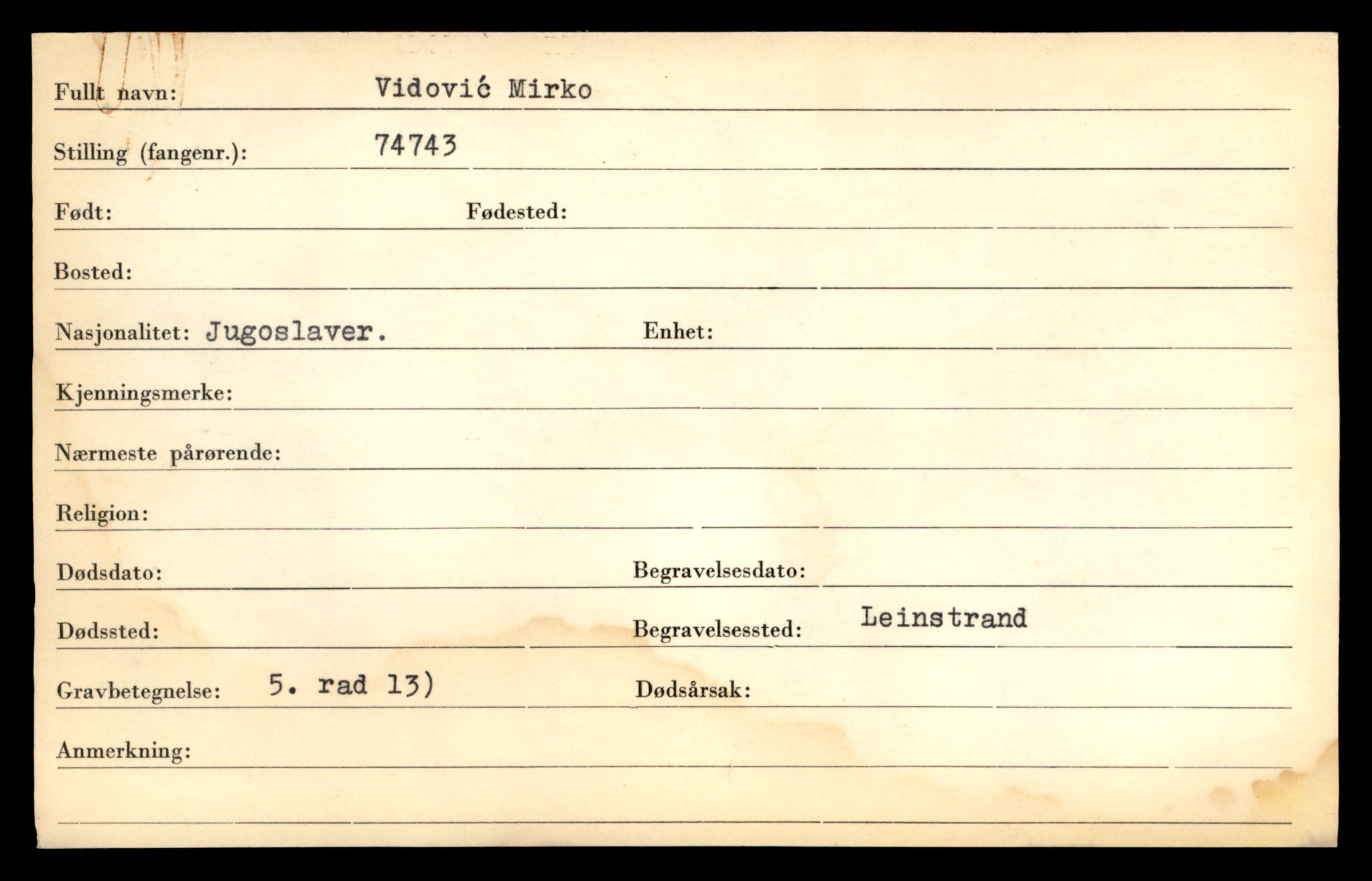 Distriktskontoret for krigsgraver, SAT/A-5030/E/L0005: Kasett/kartotek over falne Britiske og tyske solater, samt andre nasjoners krigsgraver, 1945, p. 1861