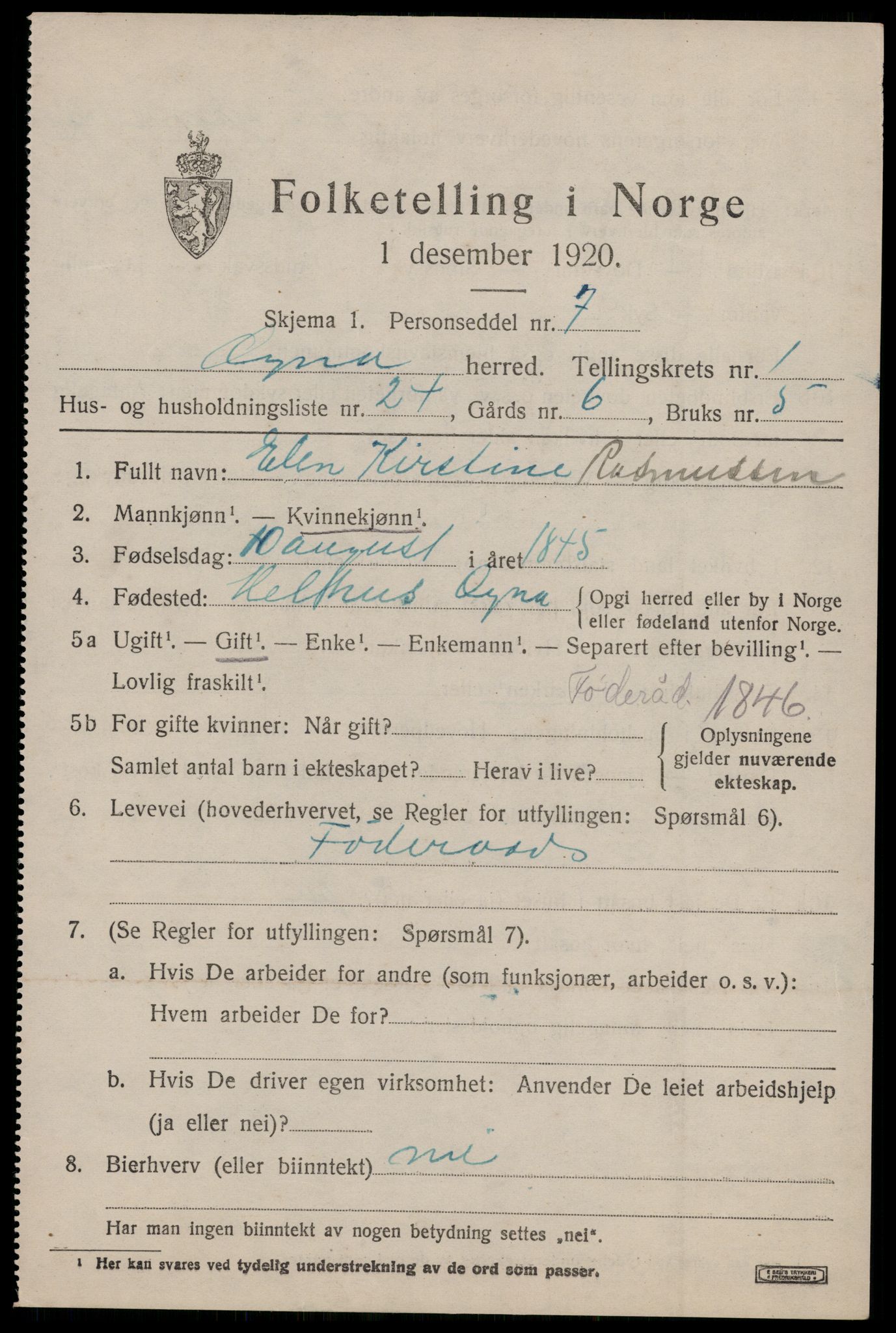 SAST, 1920 census for Ogna, 1920, p. 811