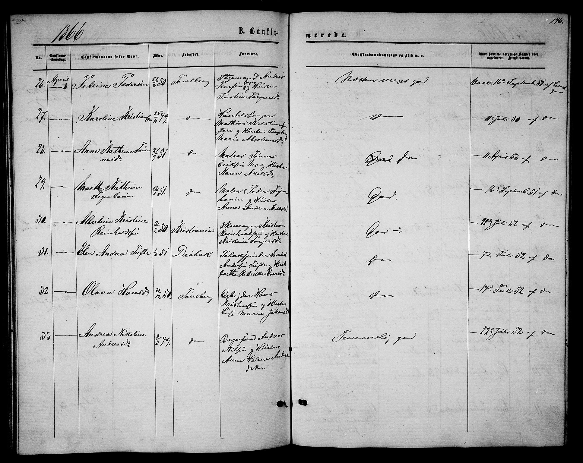 Tønsberg kirkebøker, AV/SAKO-A-330/G/Ga/L0004: Parish register (copy) no. 4, 1865-1874, p. 146