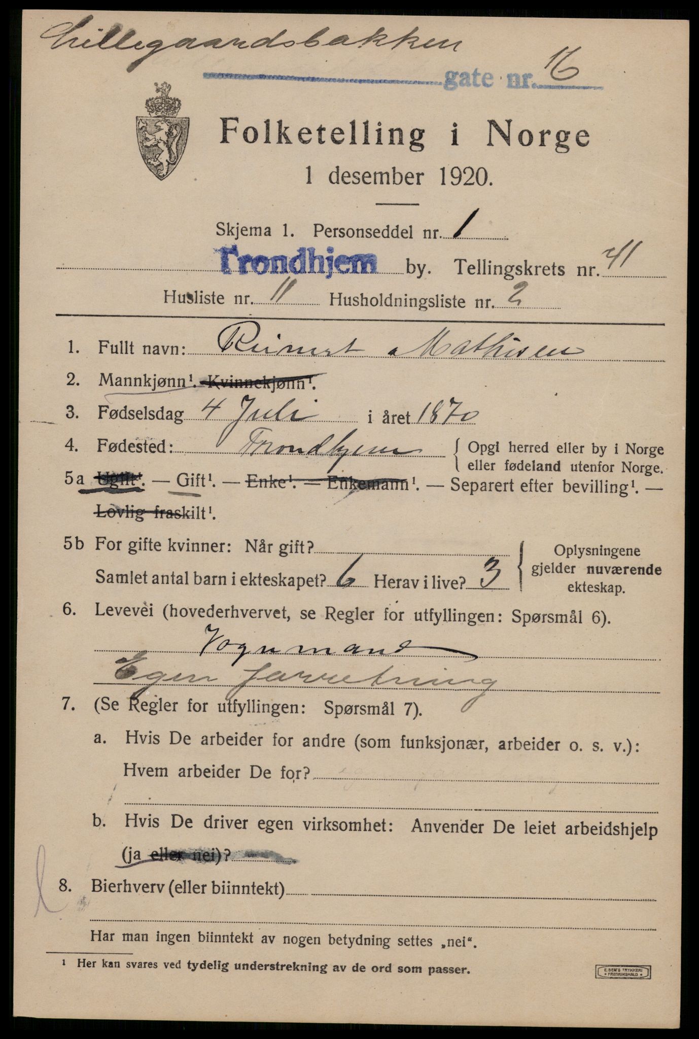 SAT, 1920 census for Trondheim, 1920, p. 91092