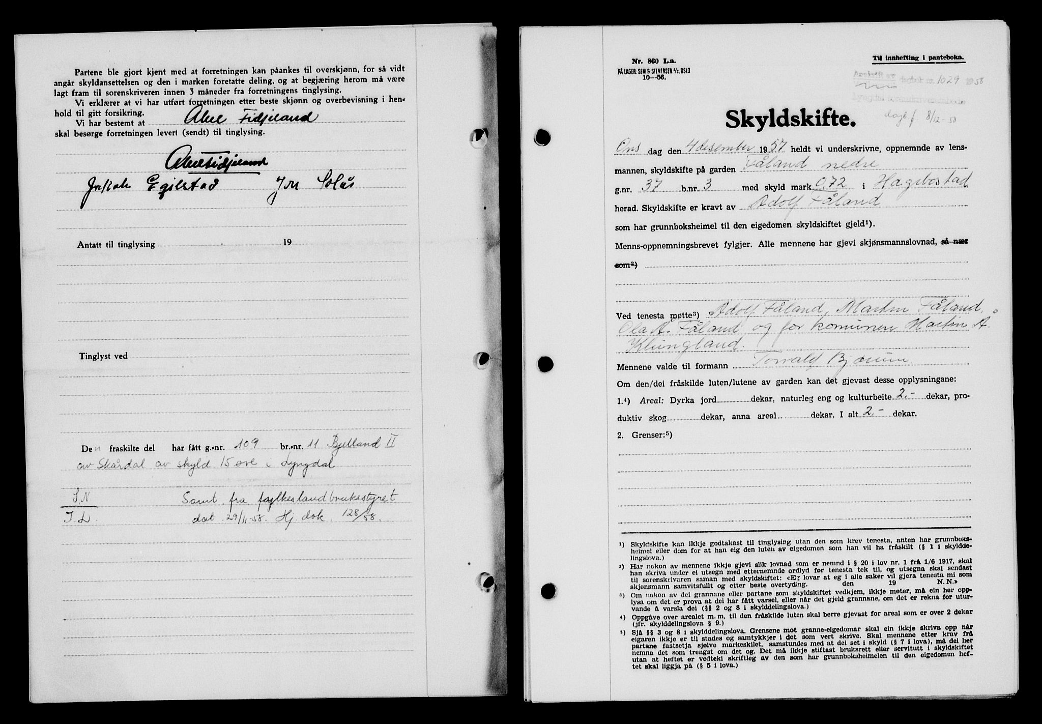 Lyngdal sorenskriveri, AV/SAK-1221-0004/G/Gb/L0678: Mortgage book no. A XXIV, 1958-1959, Diary no: : 1029/1958